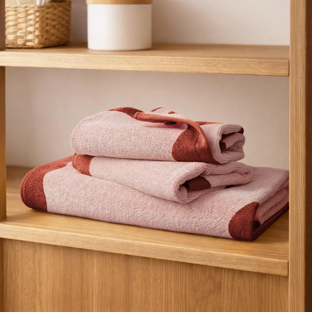 Stack of pink and red towels on a wooden shelf