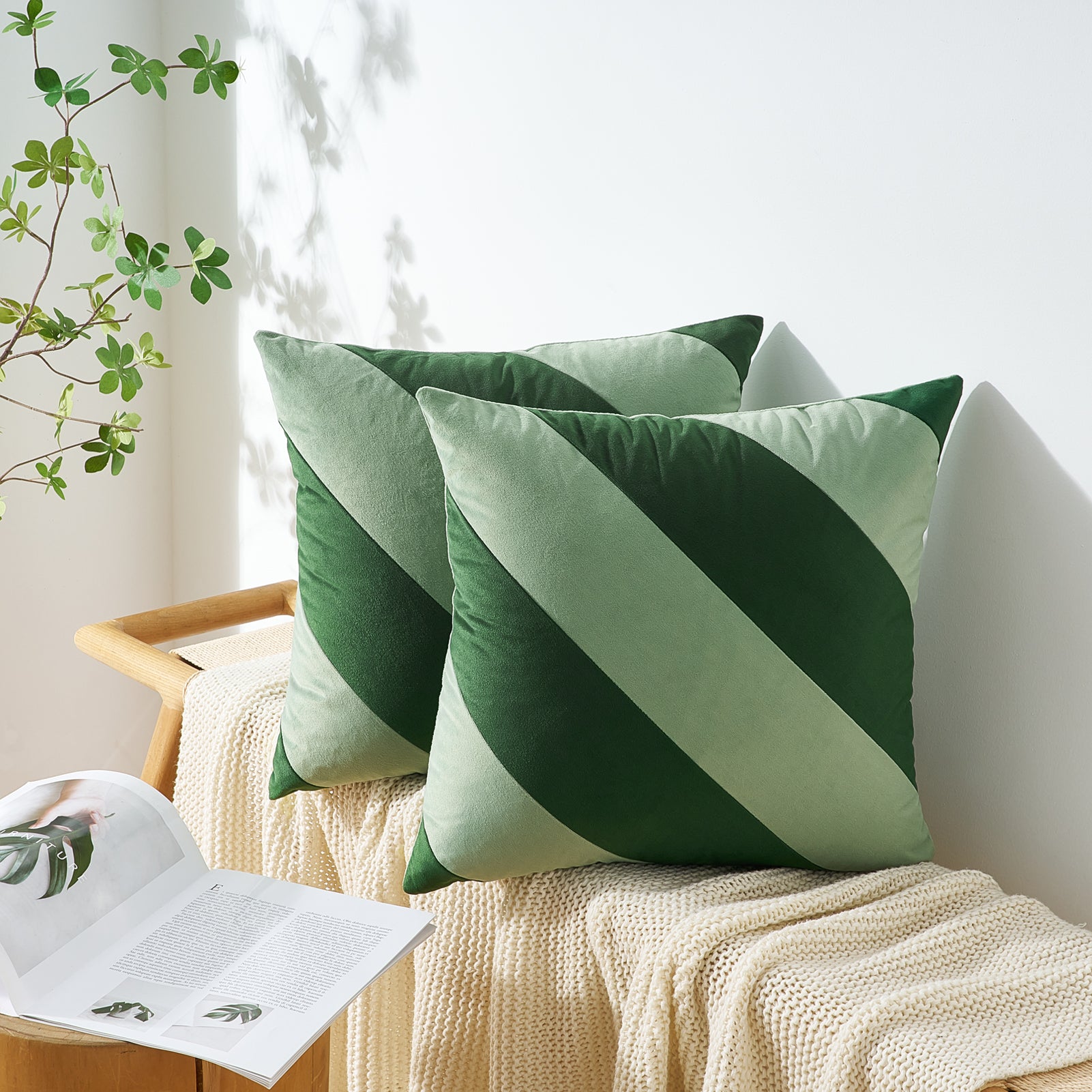 Green and white striped cushions on a sofa with a plant in the background