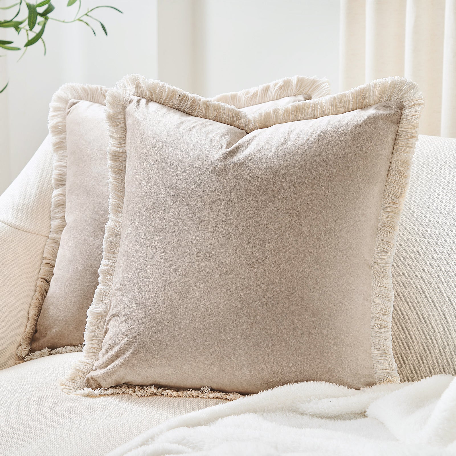 velvet decorative throw pillow covers  with fringe border set of 2 beige color