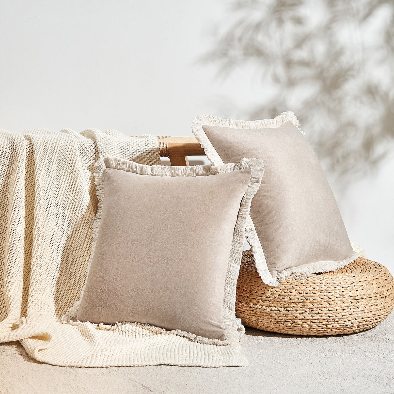velvet decorative throw pillow covers  with fringe border set of 2 beige color