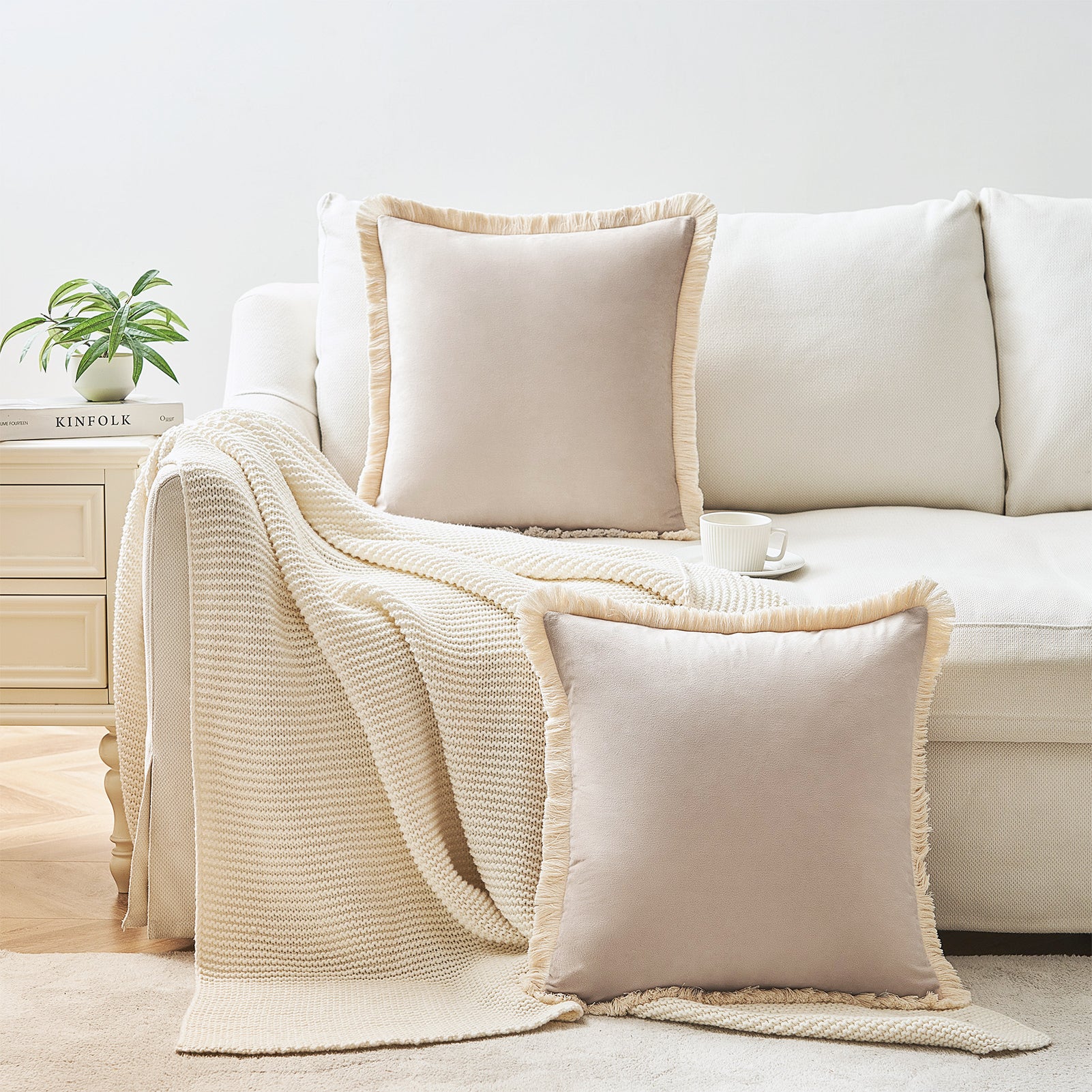 velvet decorative throw pillow covers  with fringe border set of 2 beige color