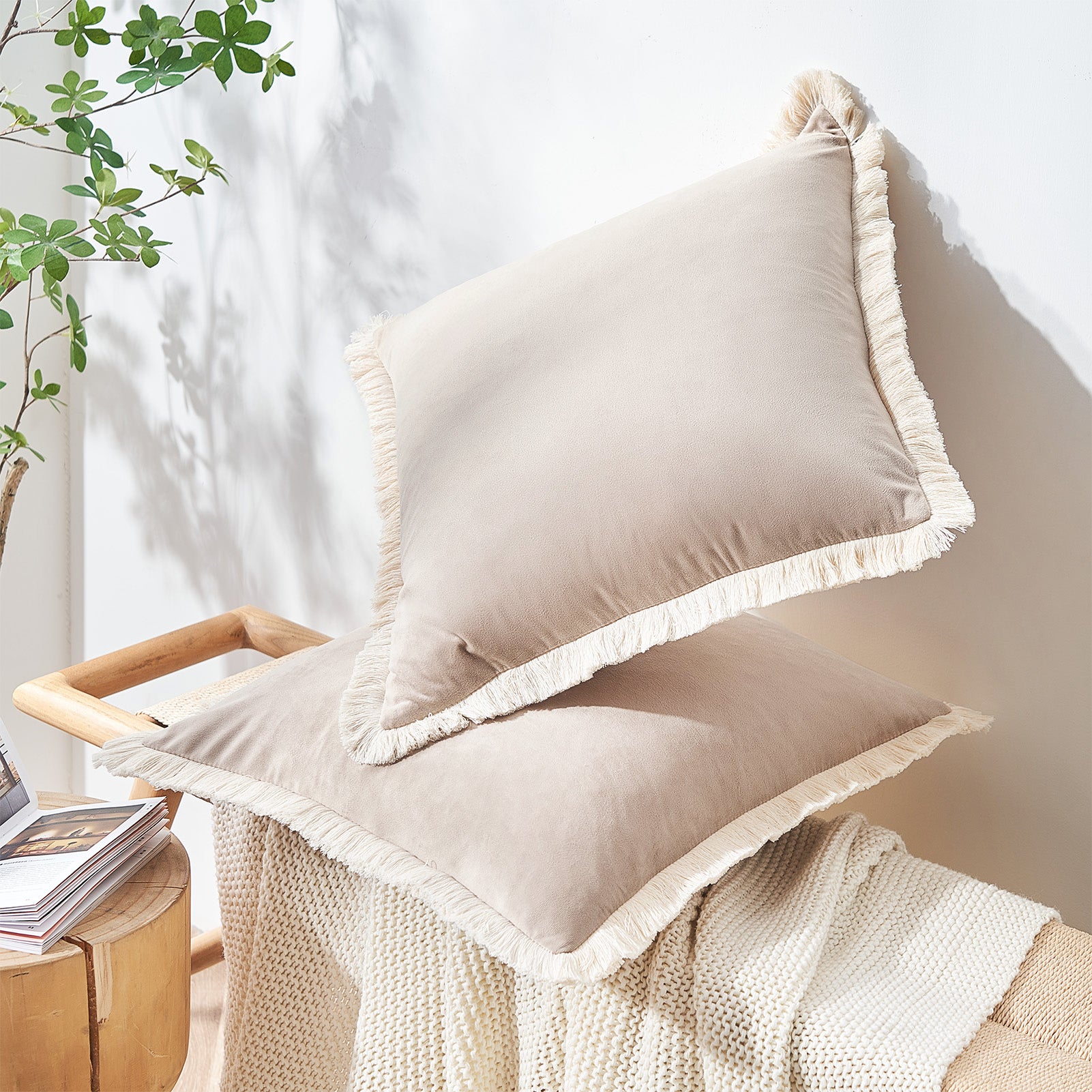 velvet decorative throw pillow covers  with fringe border set of 2 beige color