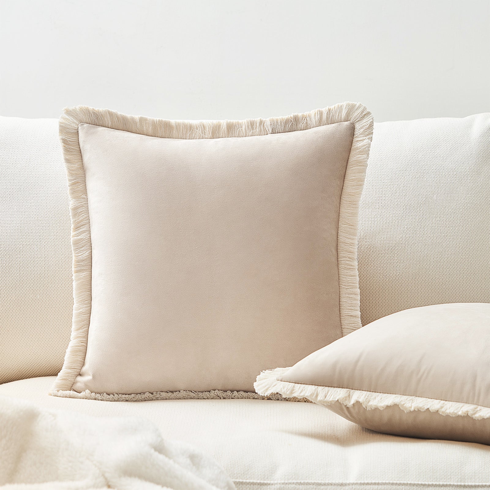 velvet decorative throw pillow covers  with fringe border set of 2 beige color