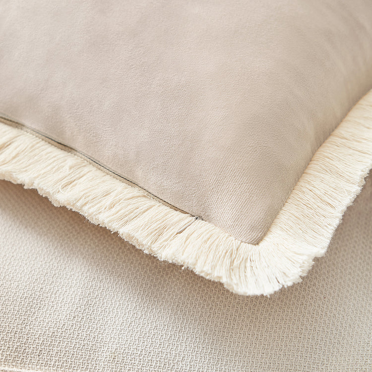 velvet decorative throw pillow covers  with fringe border set of 2 beige color