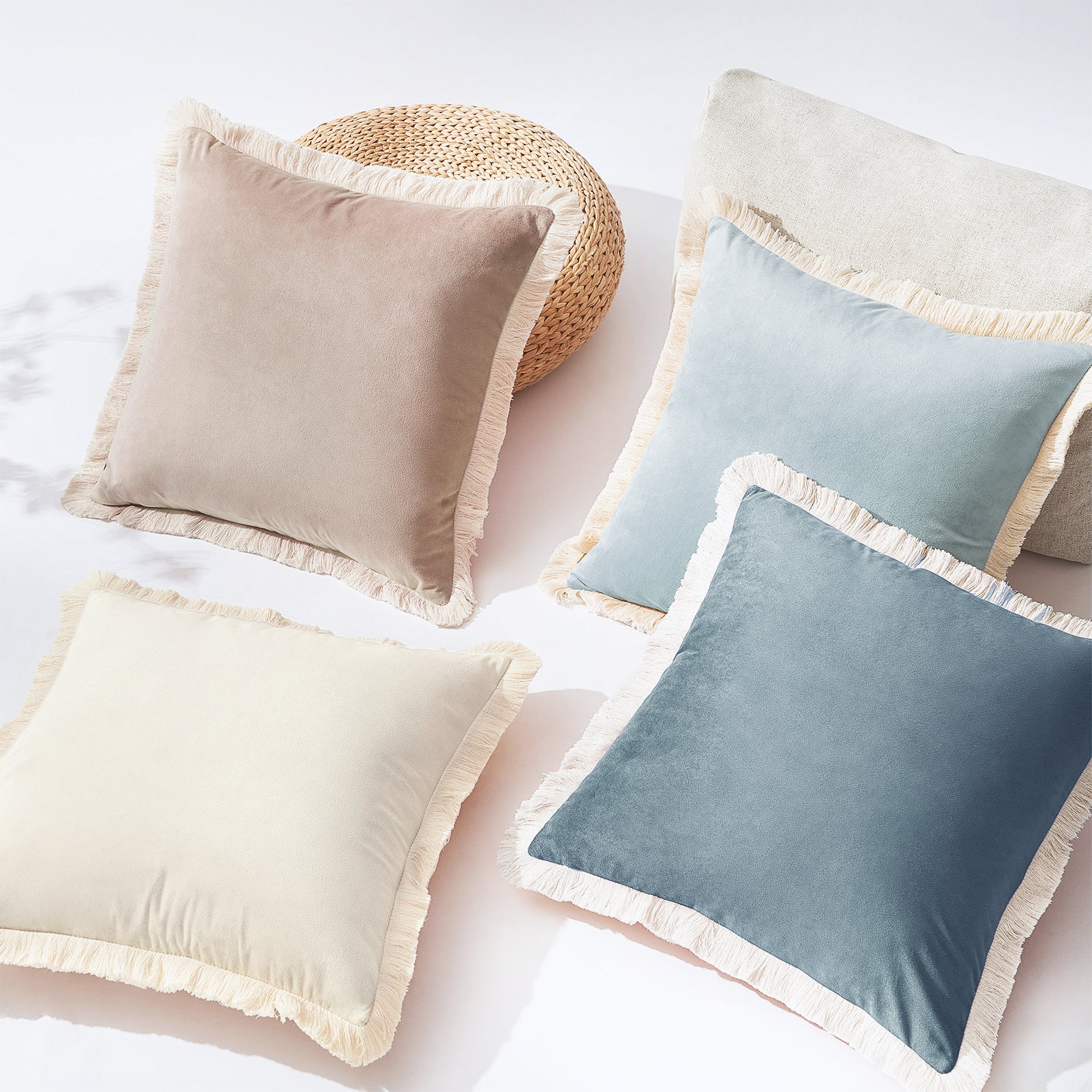 set of four velvet decorative throw pillow covers with natural cotton fringe border