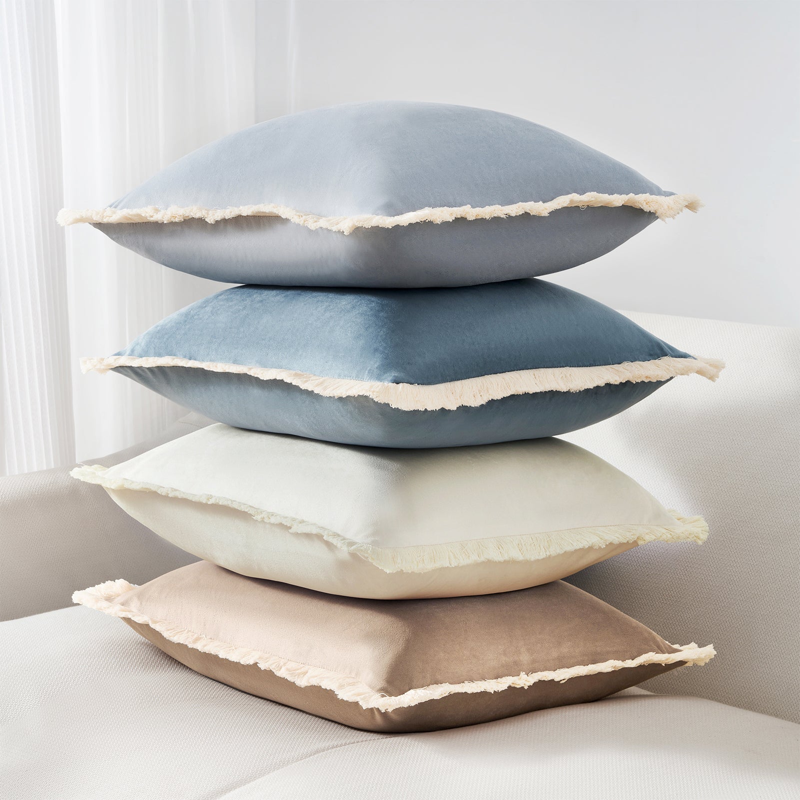 set of four velvet decorative throw pillow covers with natural cotton fringe border