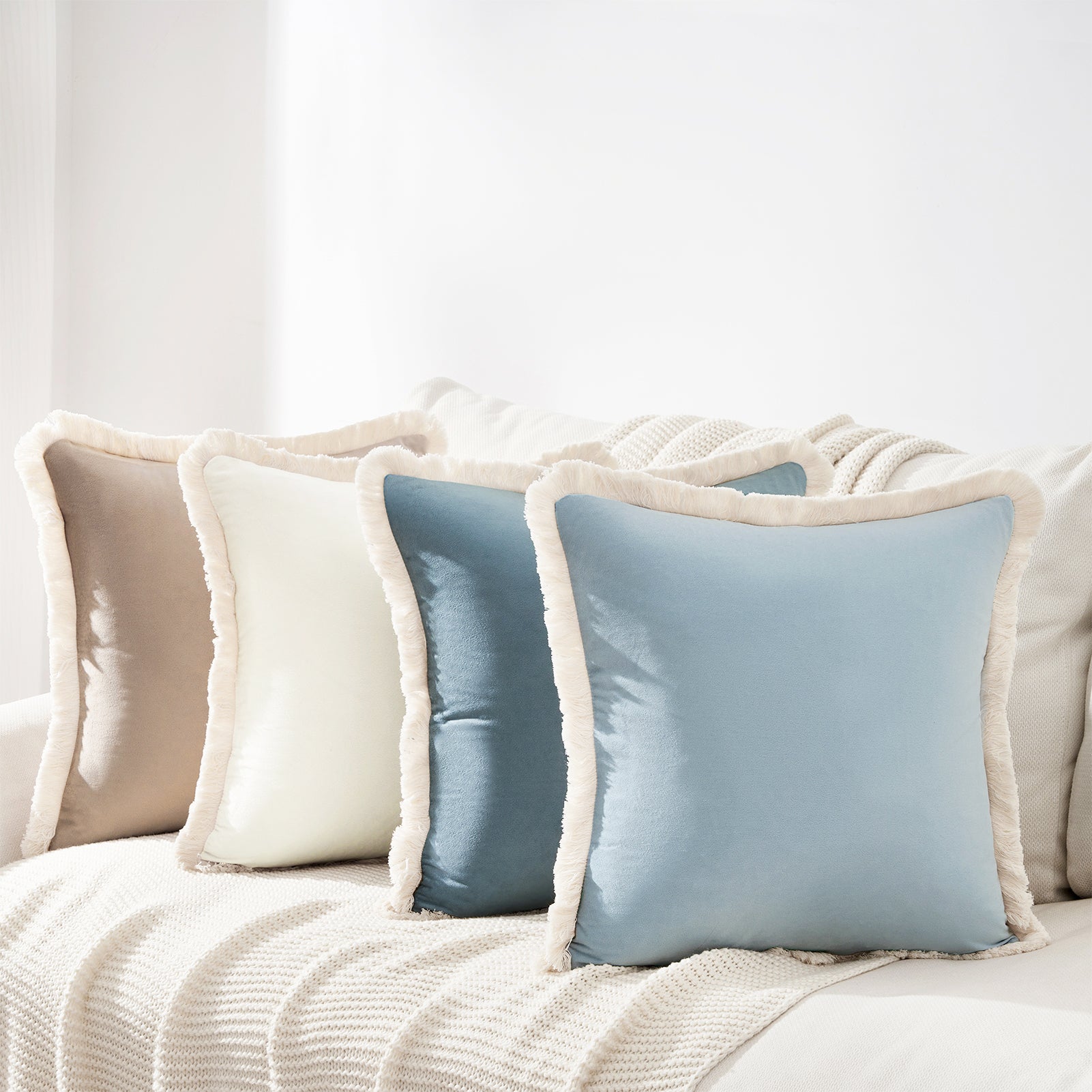set of four velvet decorative throw pillow covers with natural cotton fringe border
