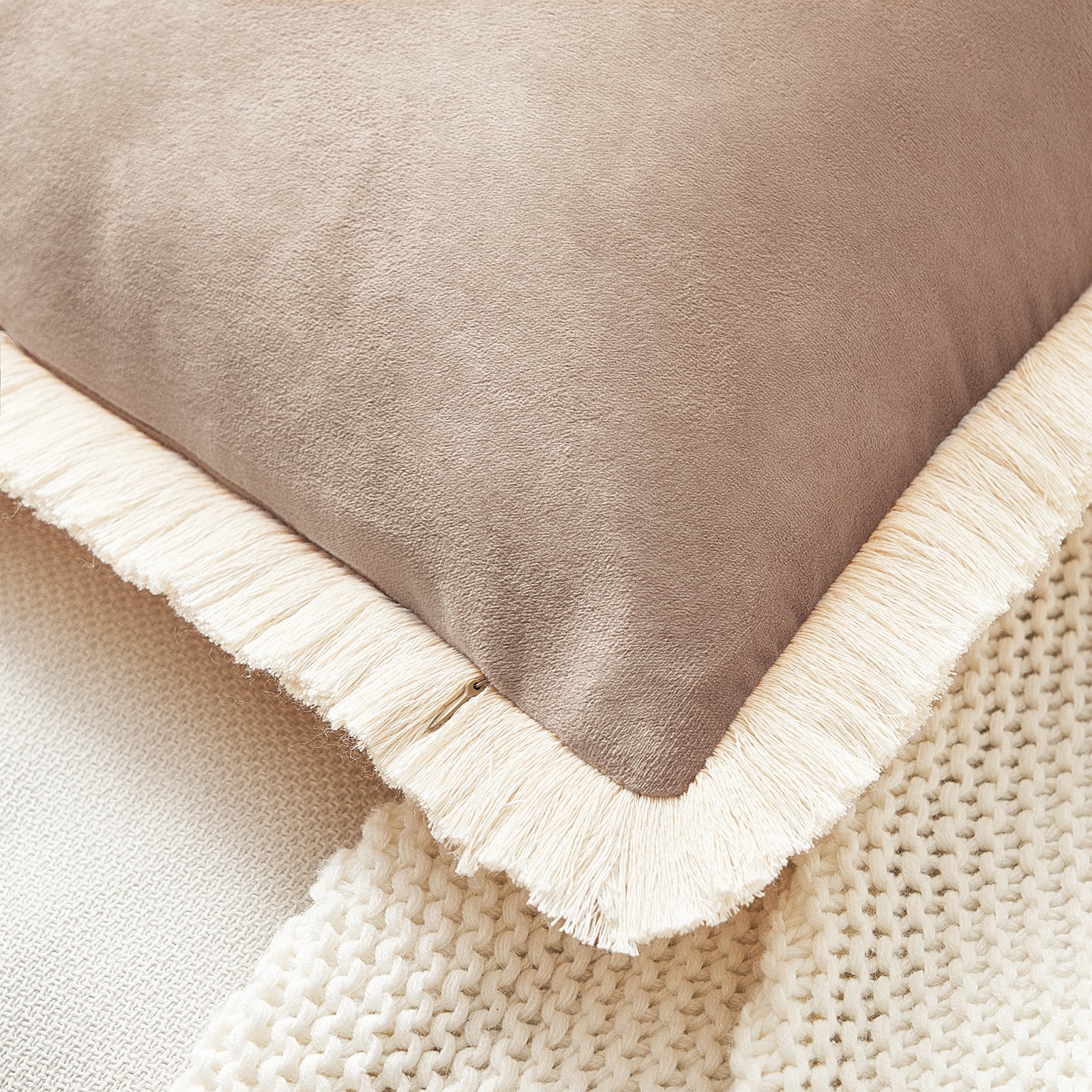 set of four velvet decorative throw pillow covers with natural cotton fringe border