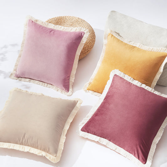 velvet decorative throw pillow covers with fringe edge set four pink yellow beige