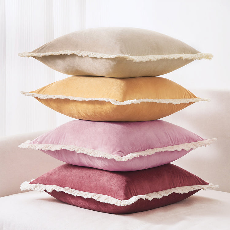 velvet decorative throw pillow covers with fringe edge set four pink yellow beige