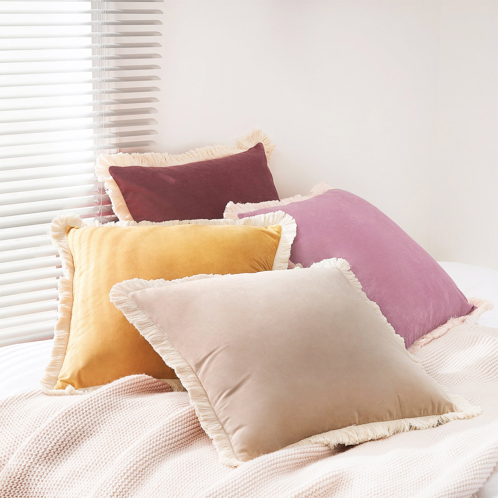 velvet decorative throw pillow covers with fringe edge set four pink yellow beige