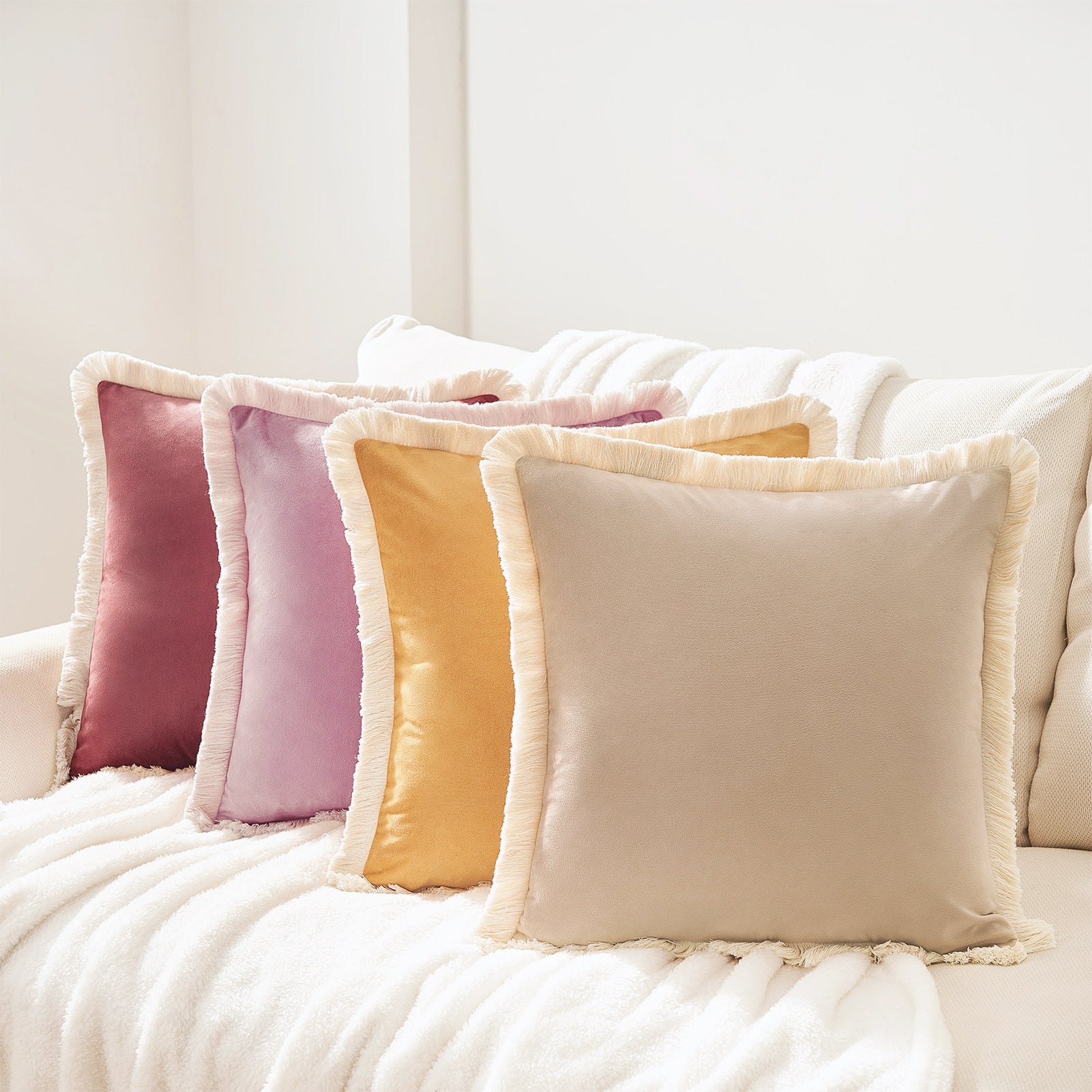 velvet decorative throw pillow covers with fringe edge set four pink yellow beige