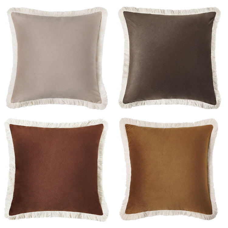 velvet decorative throw pillow covers with fringe edge set four brown beige caramel chocolate