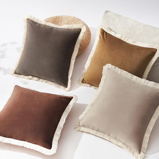 velvet decorative throw pillow covers with fringe edge set four brown beige caramel chocolate