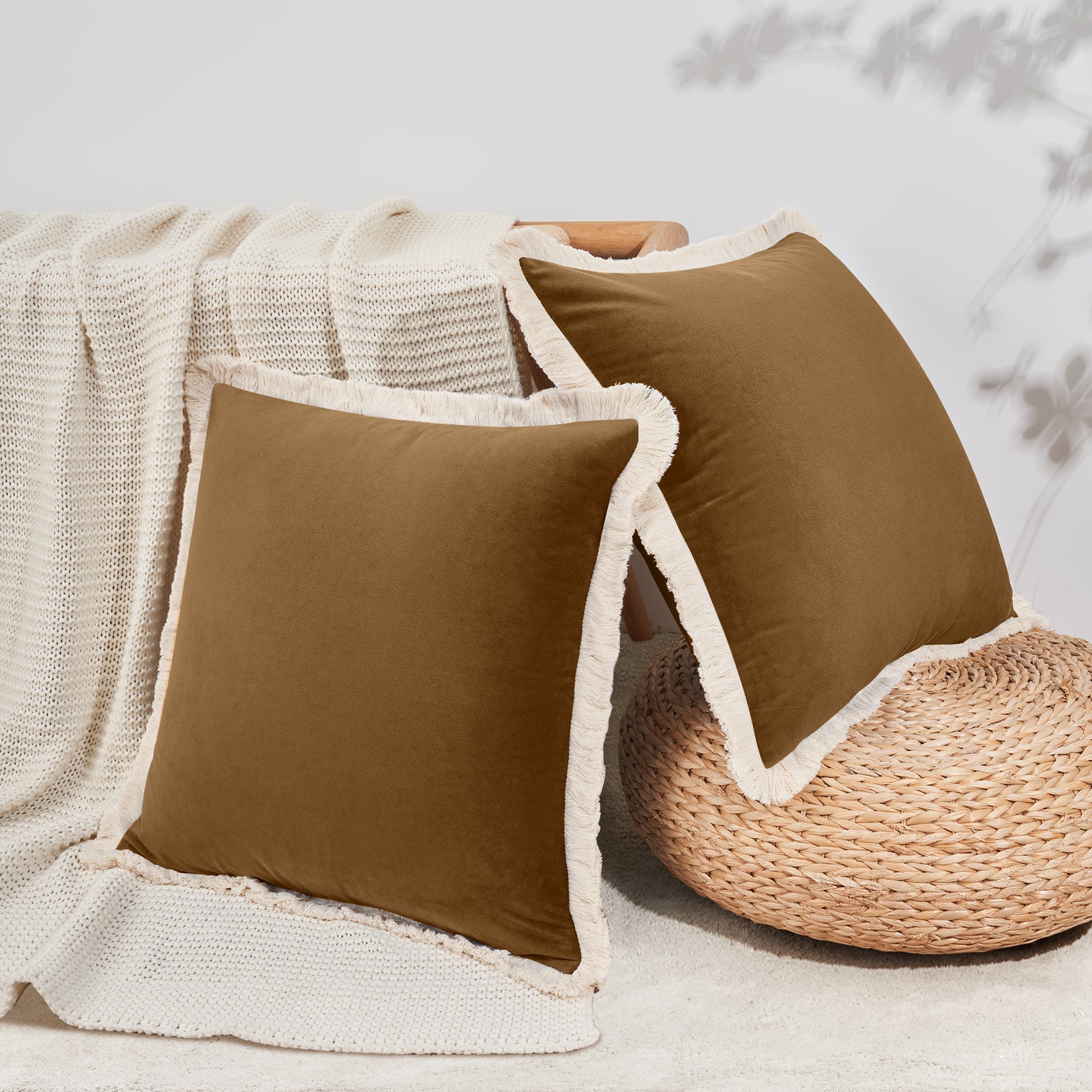 velvet decorative throw pillow covers  with fringe border set of 2 caramel color