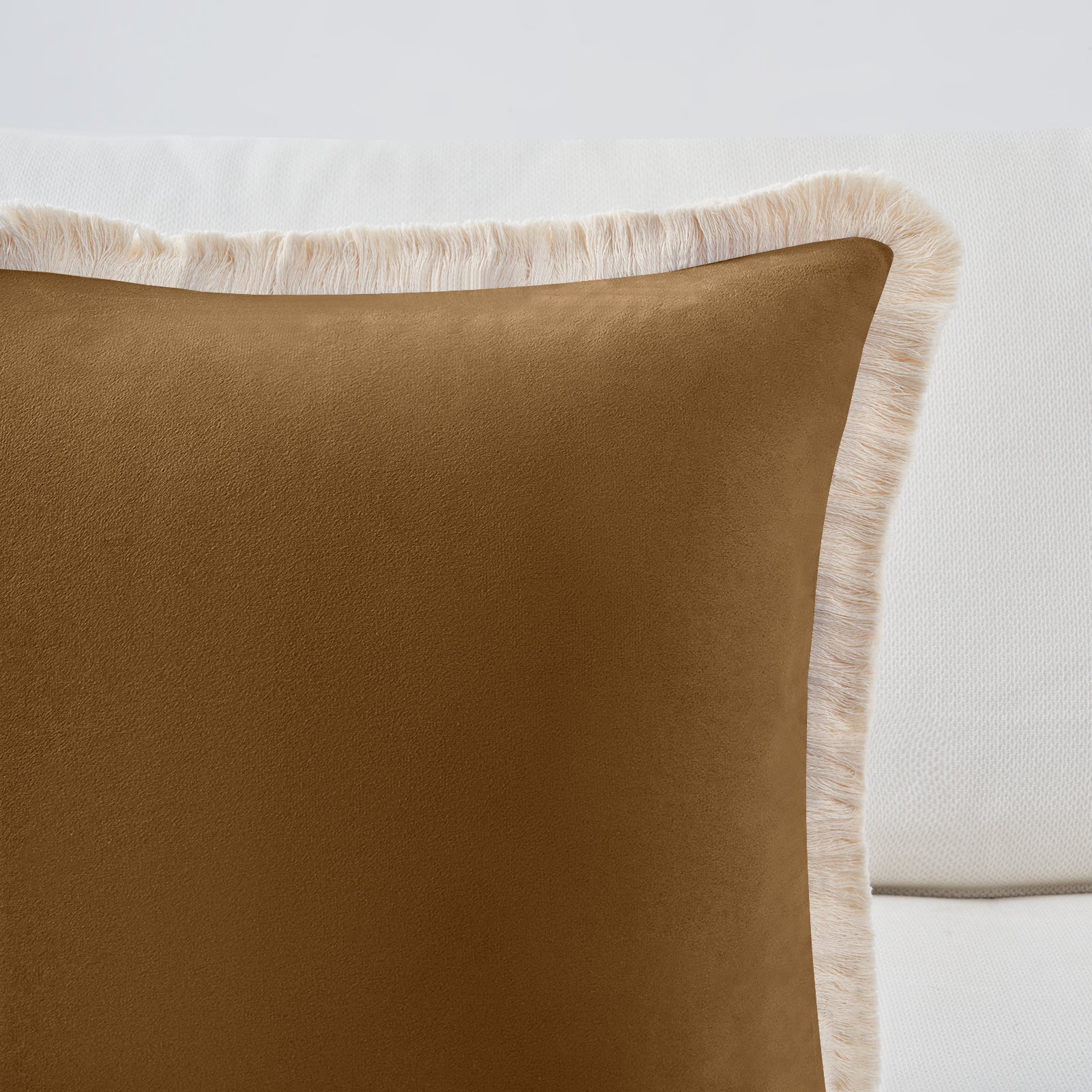 velvet decorative throw pillow covers  with fringe border set of 2 caramel color