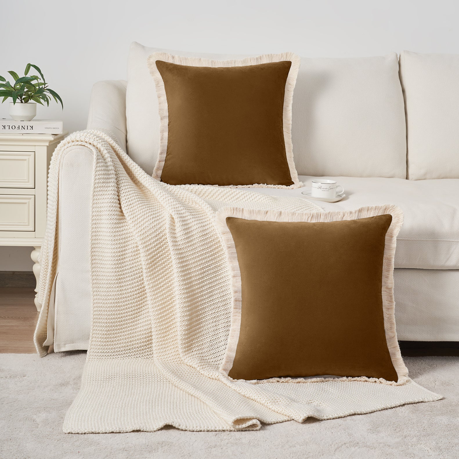 velvet decorative throw pillow covers  with fringe border set of 2 caramel color