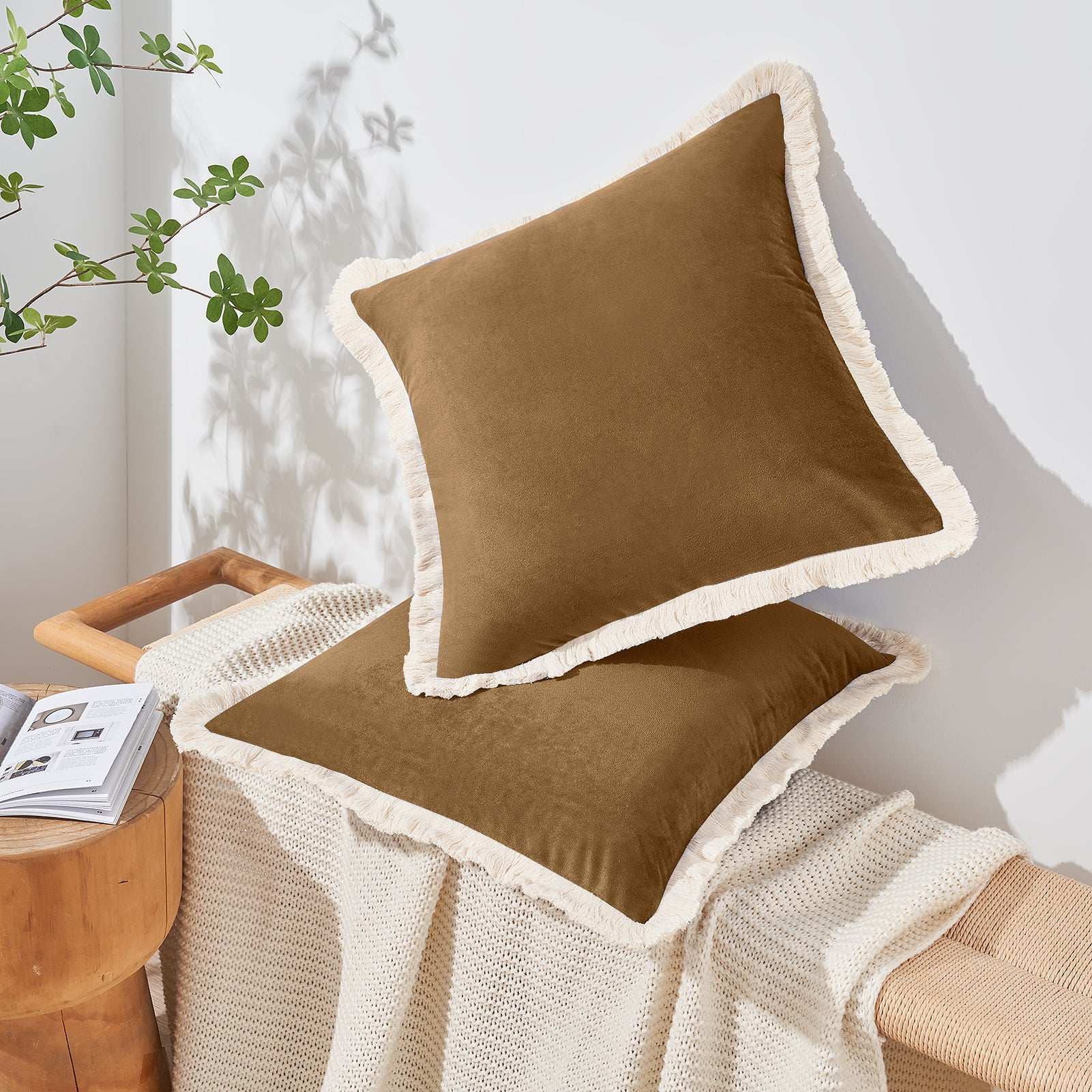 velvet decorative throw pillow covers  with fringe border set of 2 caramel color