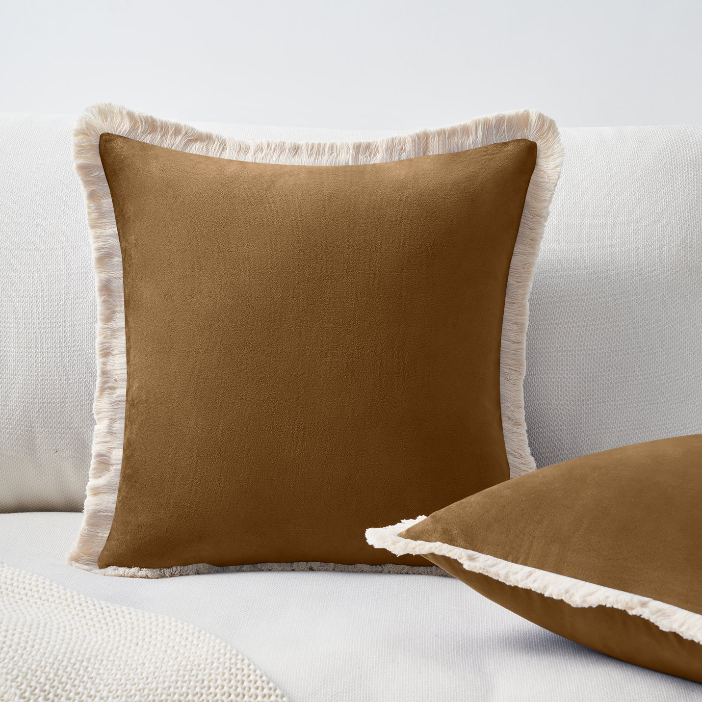 velvet decorative throw pillow covers  with fringe border set of 2 caramel color