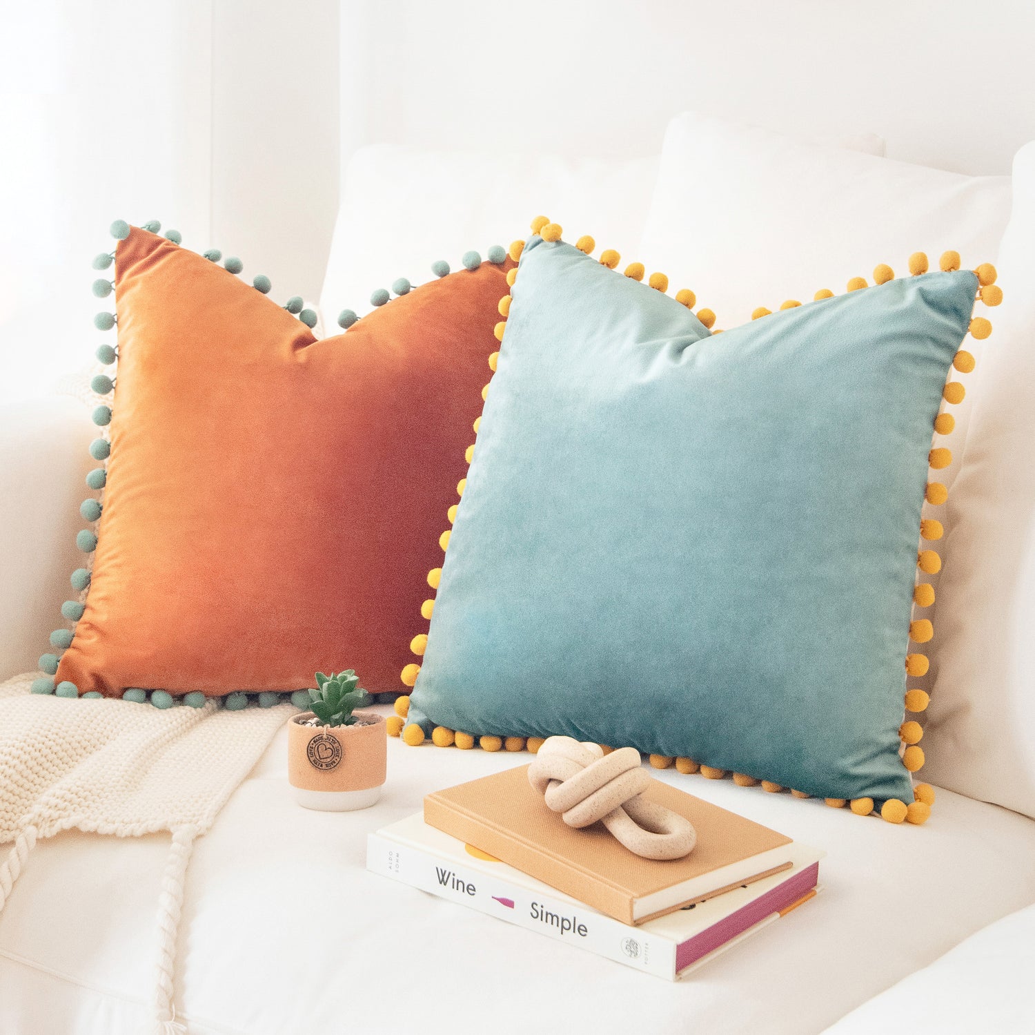 pom pom yellow orange teal beige decorative throw pillow covers velvet soft