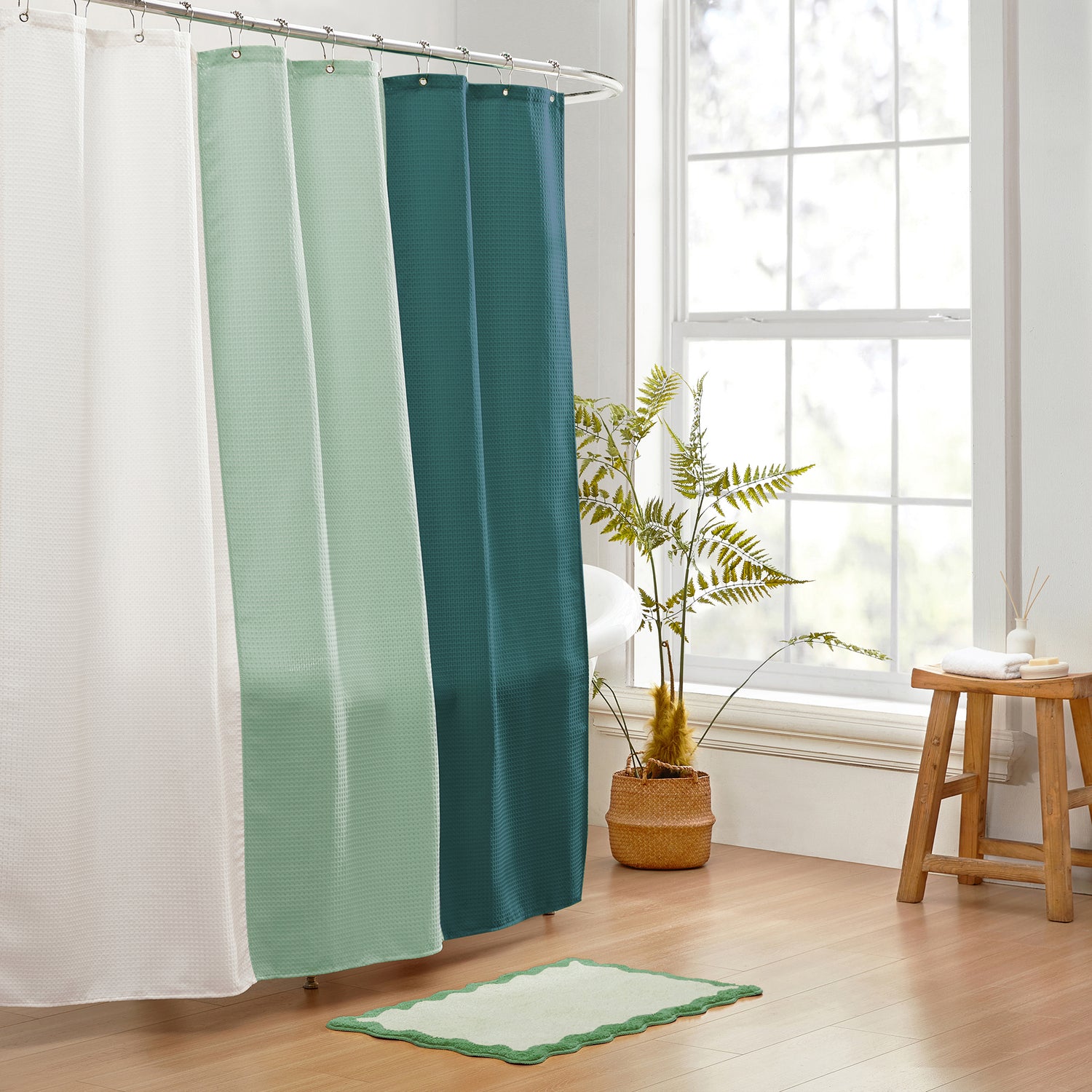 cream white green teal shower curtain waffle three colors