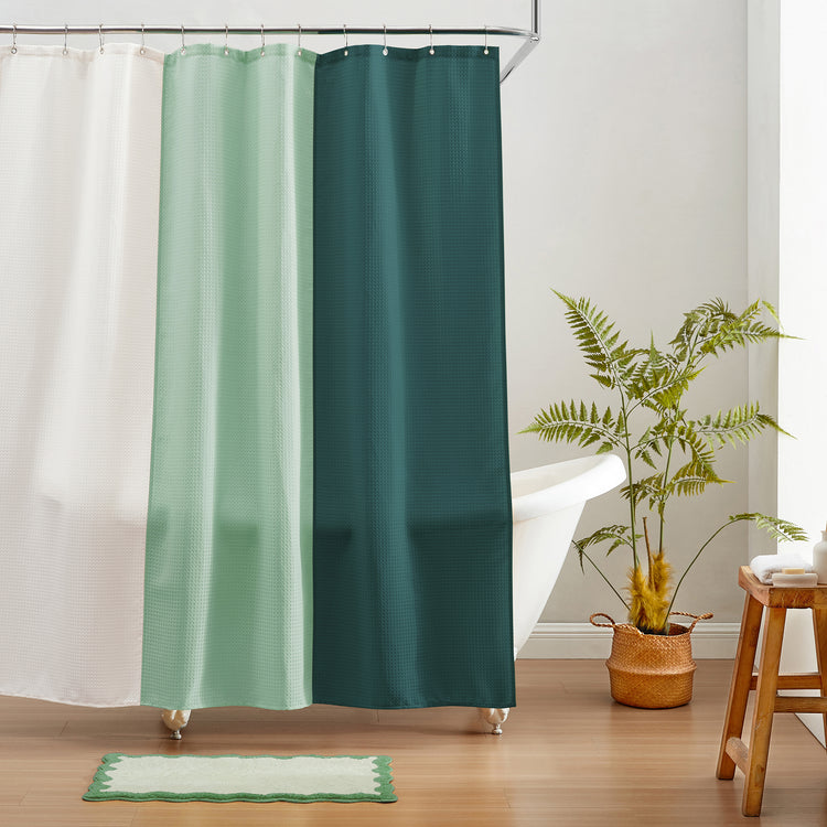 cream white green teal shower curtain waffle three colors