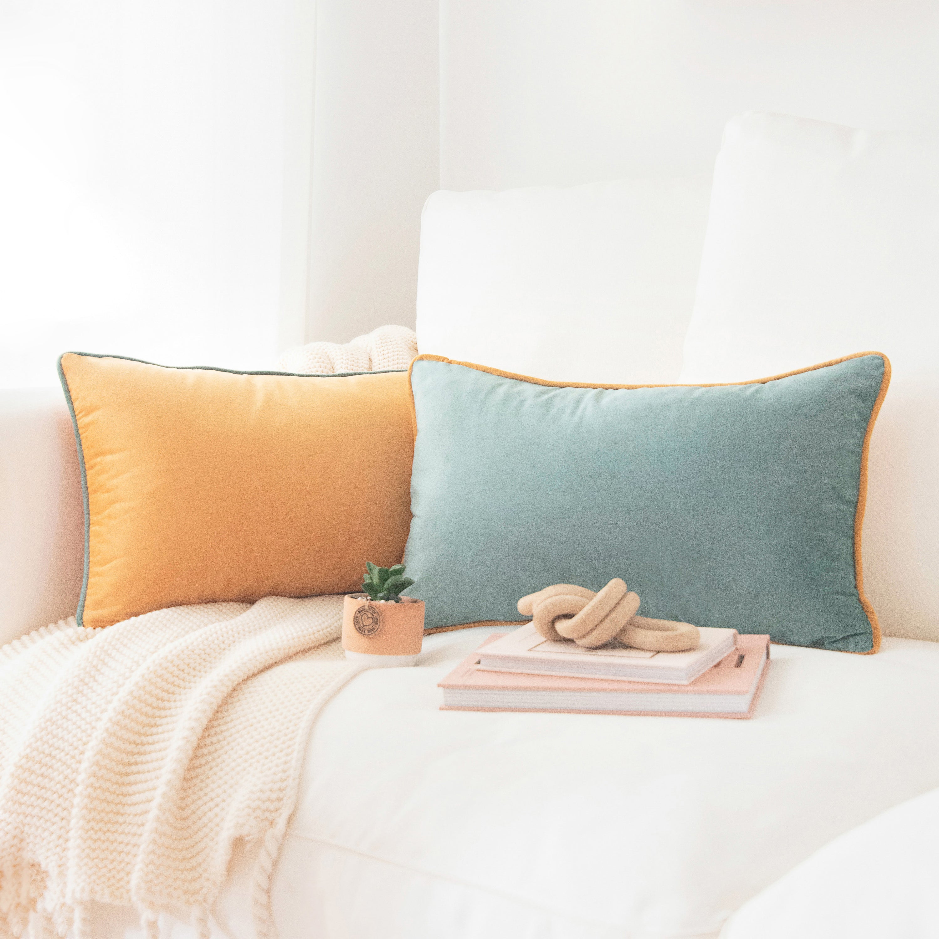 orange teal piping throw pillow covers velvet home decor soft square shams cushions