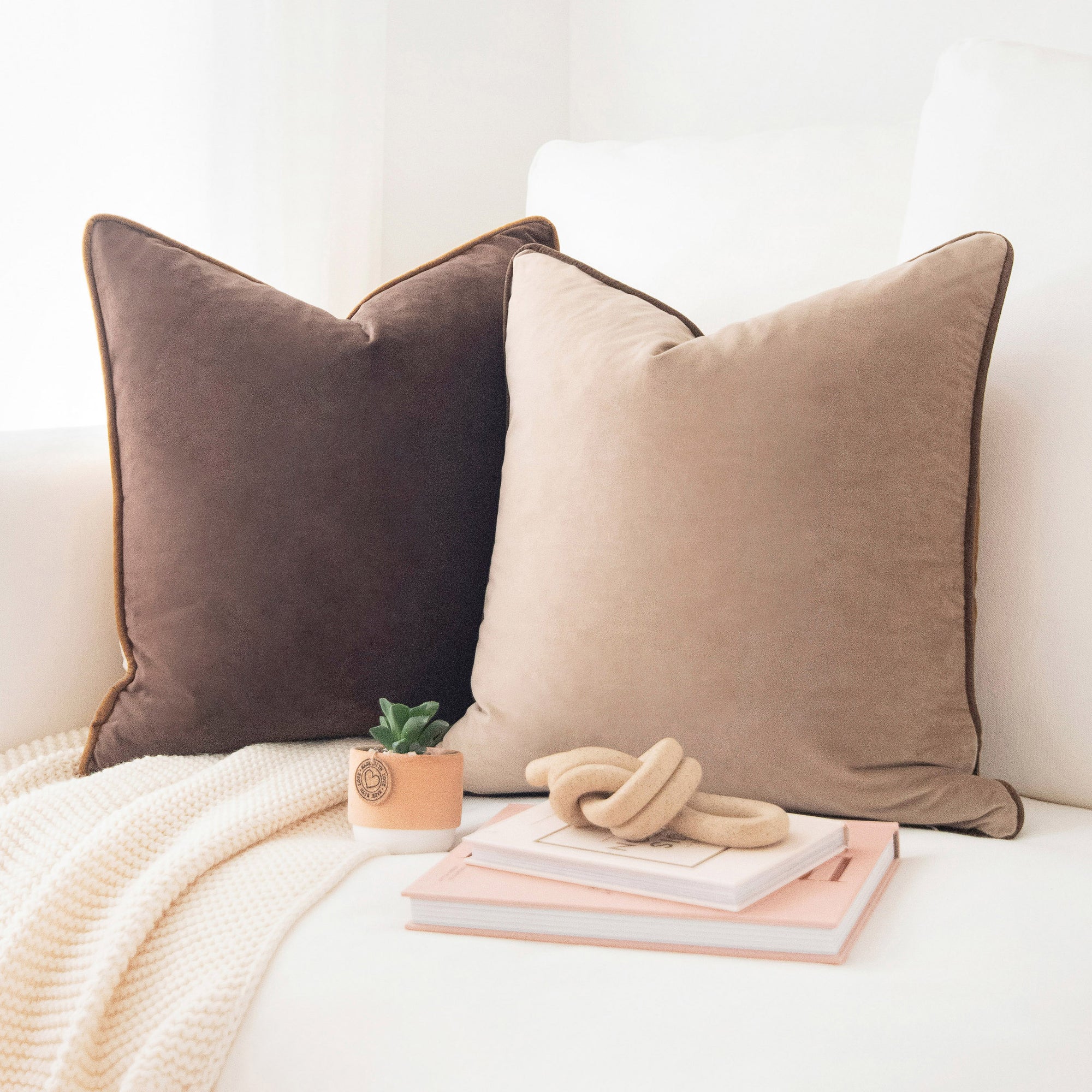 brown beige caramel decorative throw pillow covers piping soft reversible square home decor