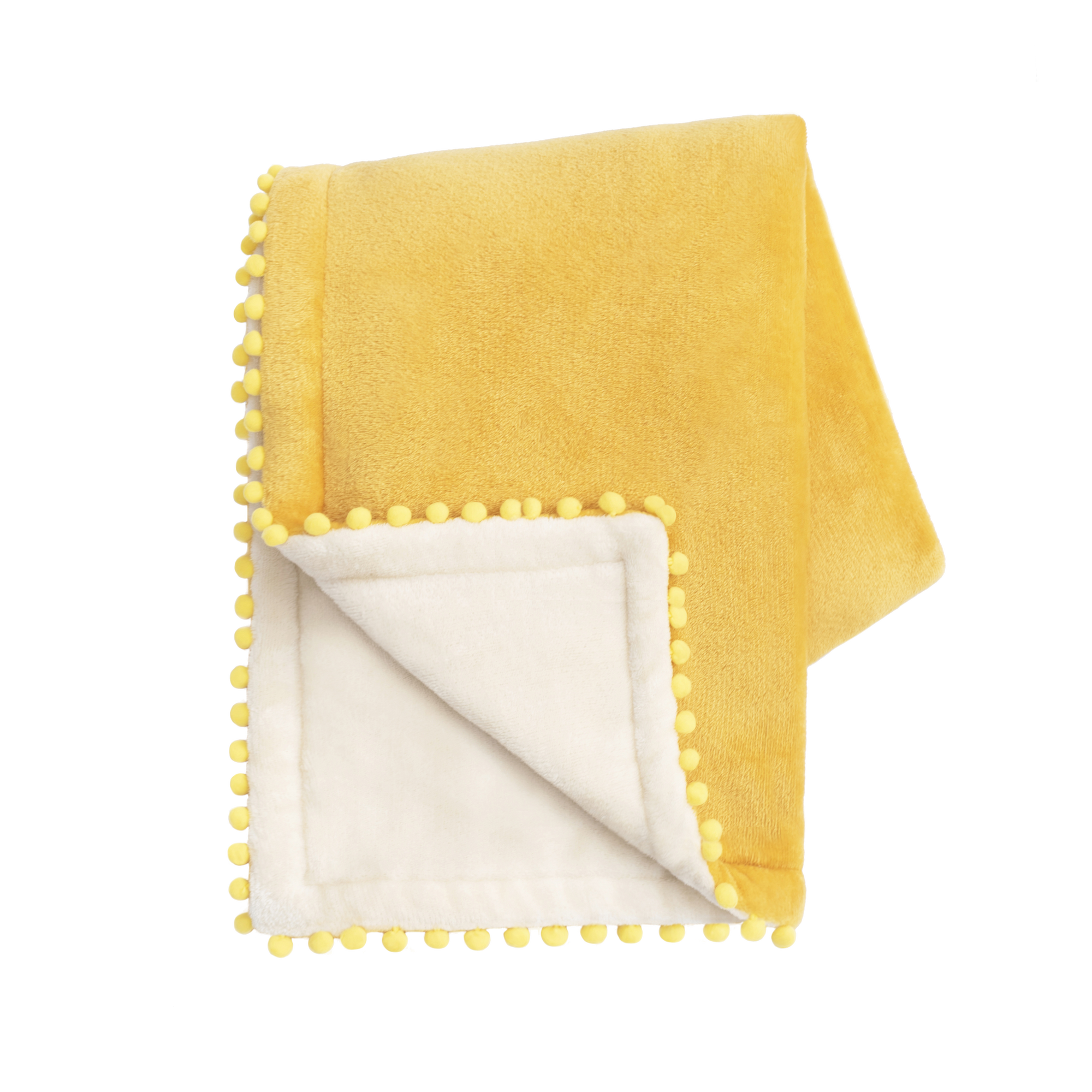 Yellow blanket with pom-pom trim on a white background