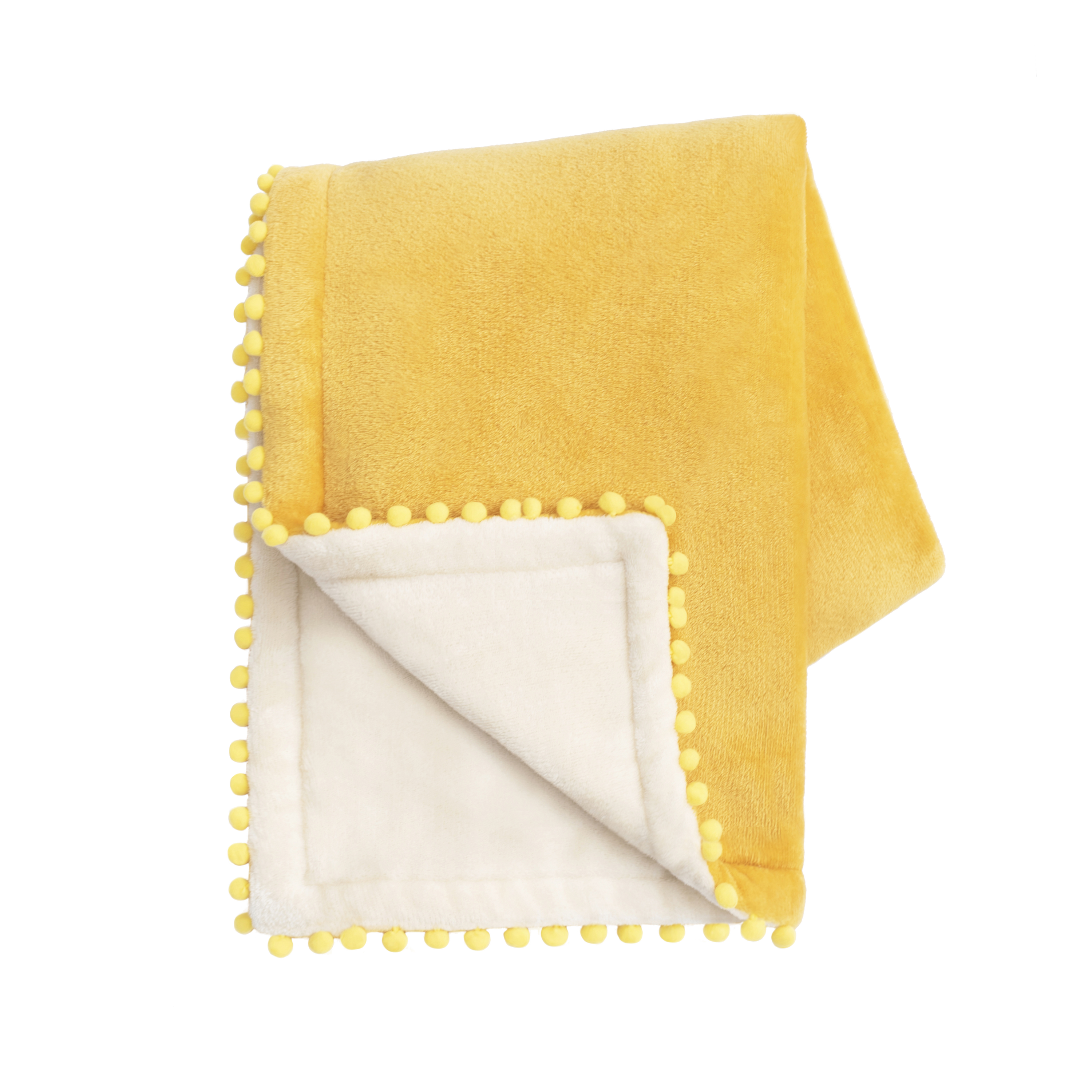 Yellow blanket with pom-pom trim on a white background