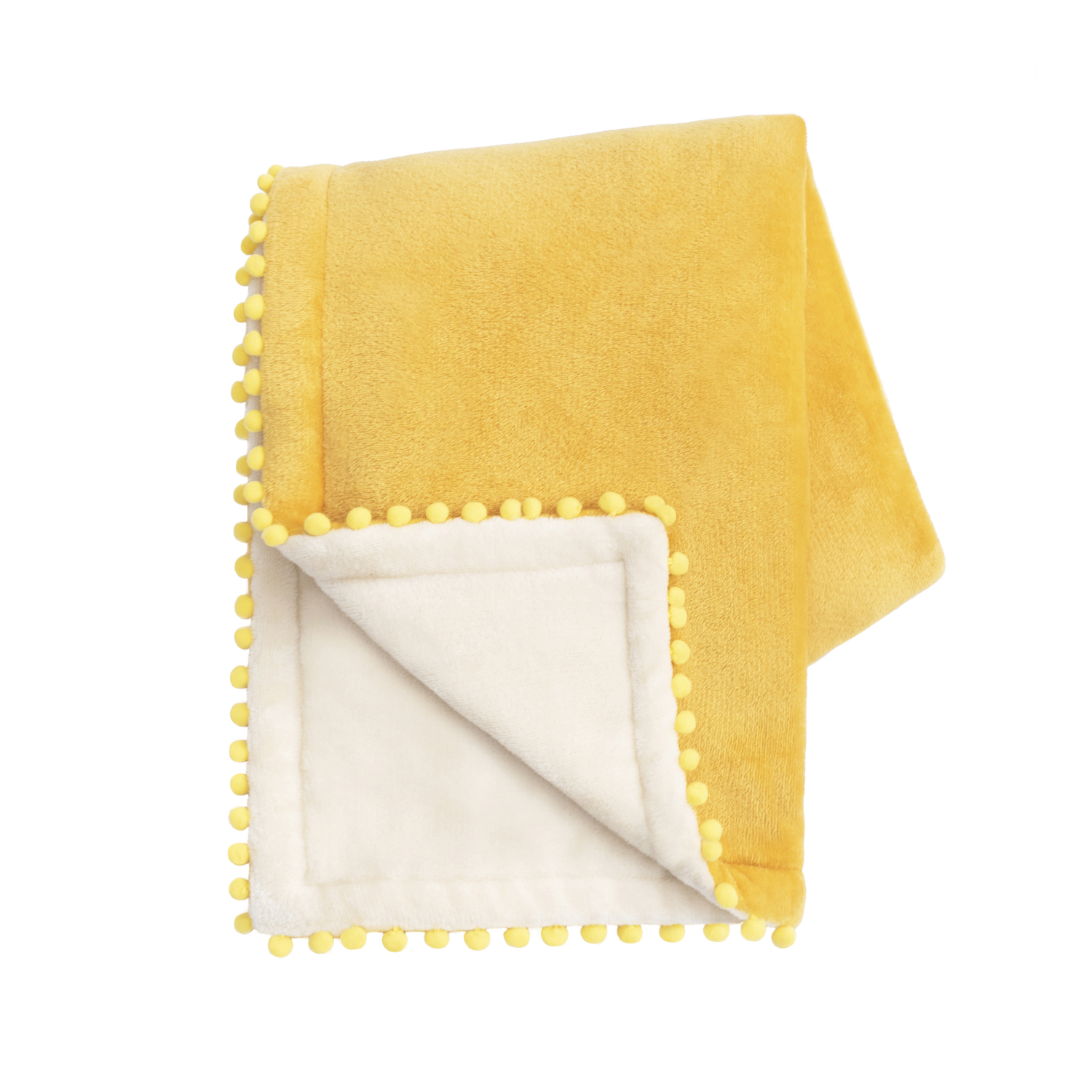 Yellow blanket with pom-pom trim on a white background