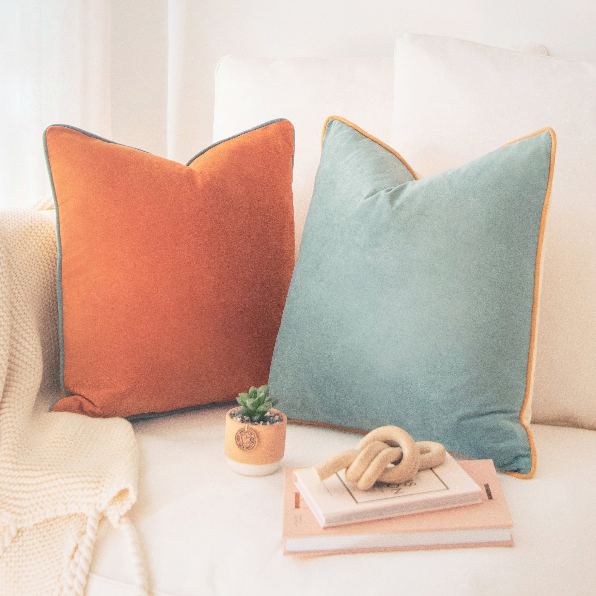 orange teal piping throw pillow covers velvet home decor soft square shams cushions
