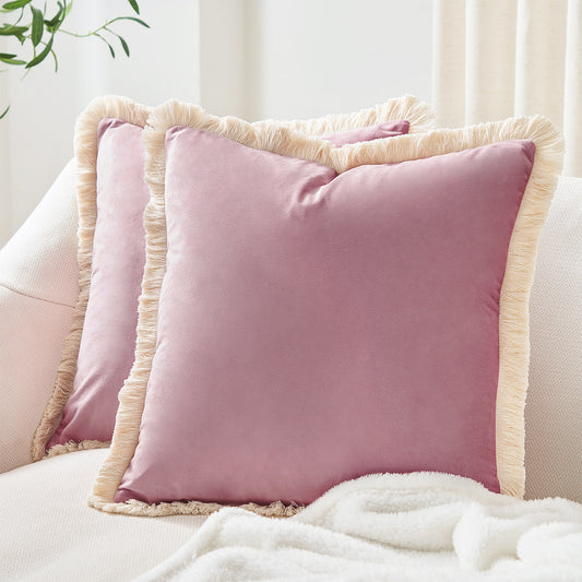 velvet decorative throw pillow covers  with fringe border set of 2 dusty pink color