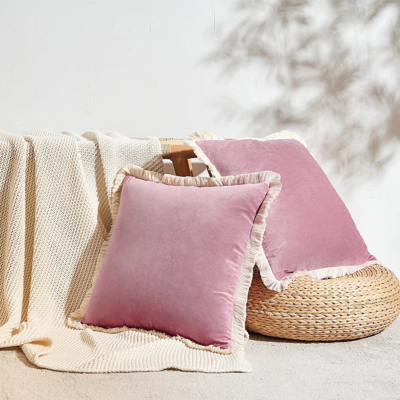 velvet decorative throw pillow covers  with fringe border set of 2 dusty pink color