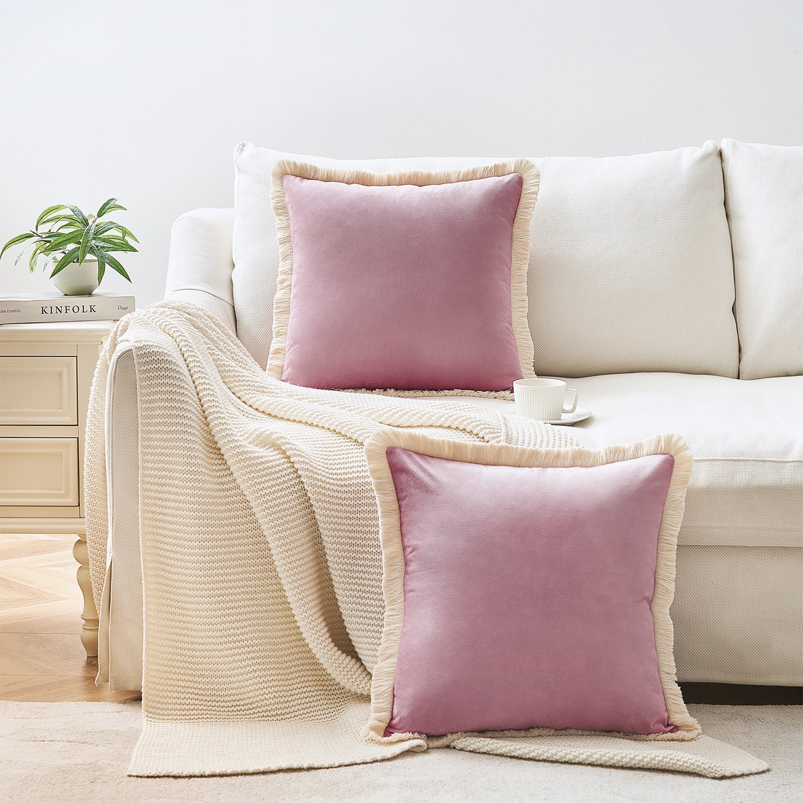 velvet decorative throw pillow covers  with fringe border set of 2 dusty pink color
