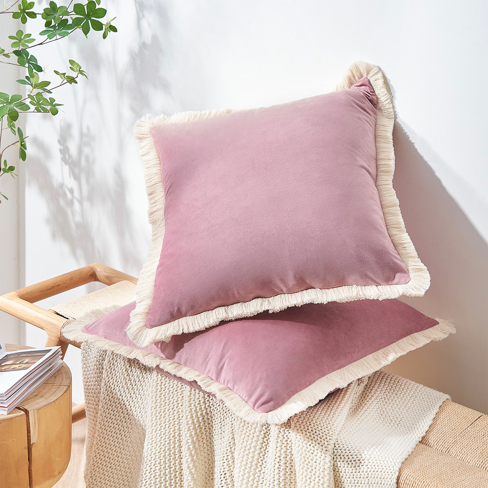 velvet decorative throw pillow covers  with fringe border set of 2 dusty pink color