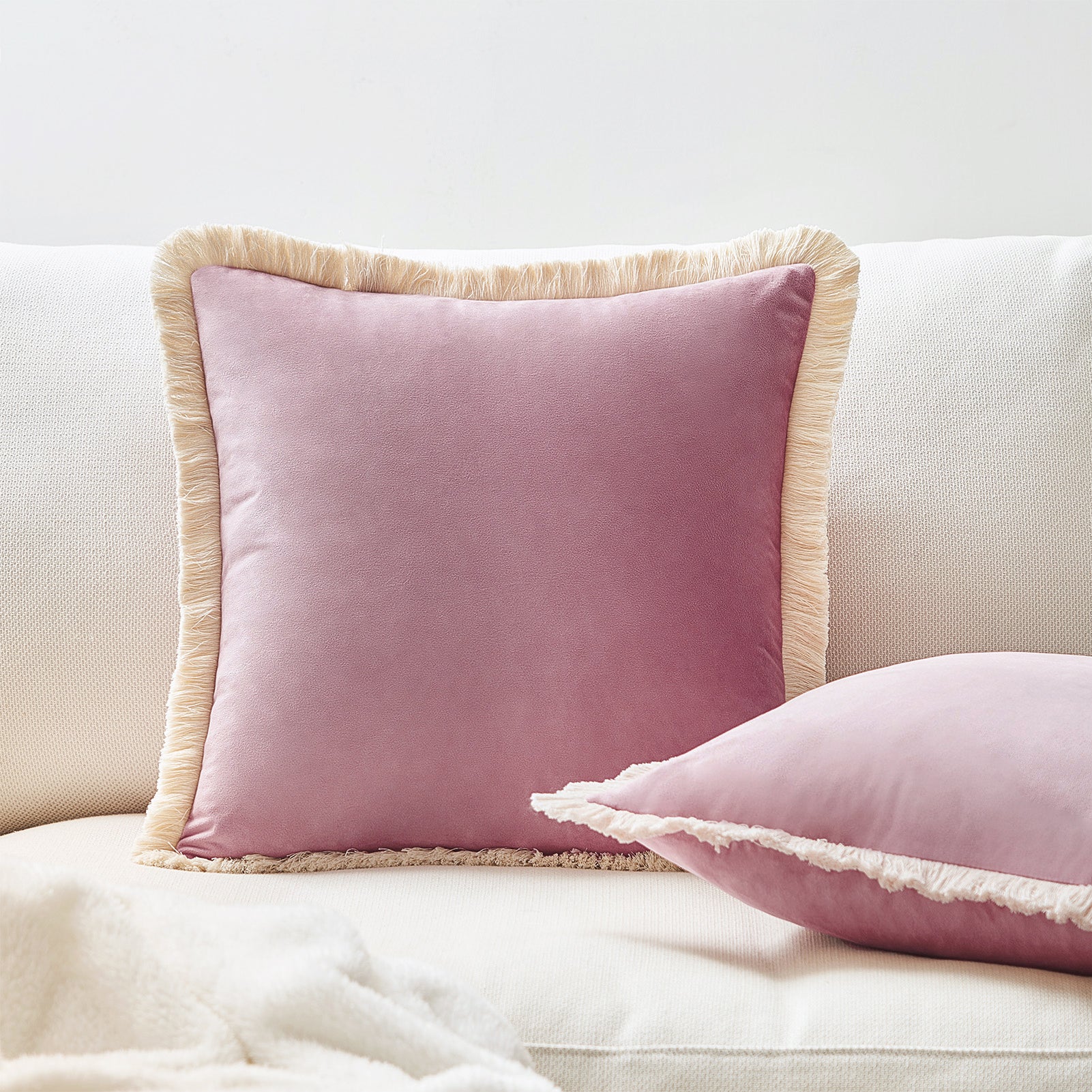 velvet decorative throw pillow covers  with fringe border set of 2 dusty pink color