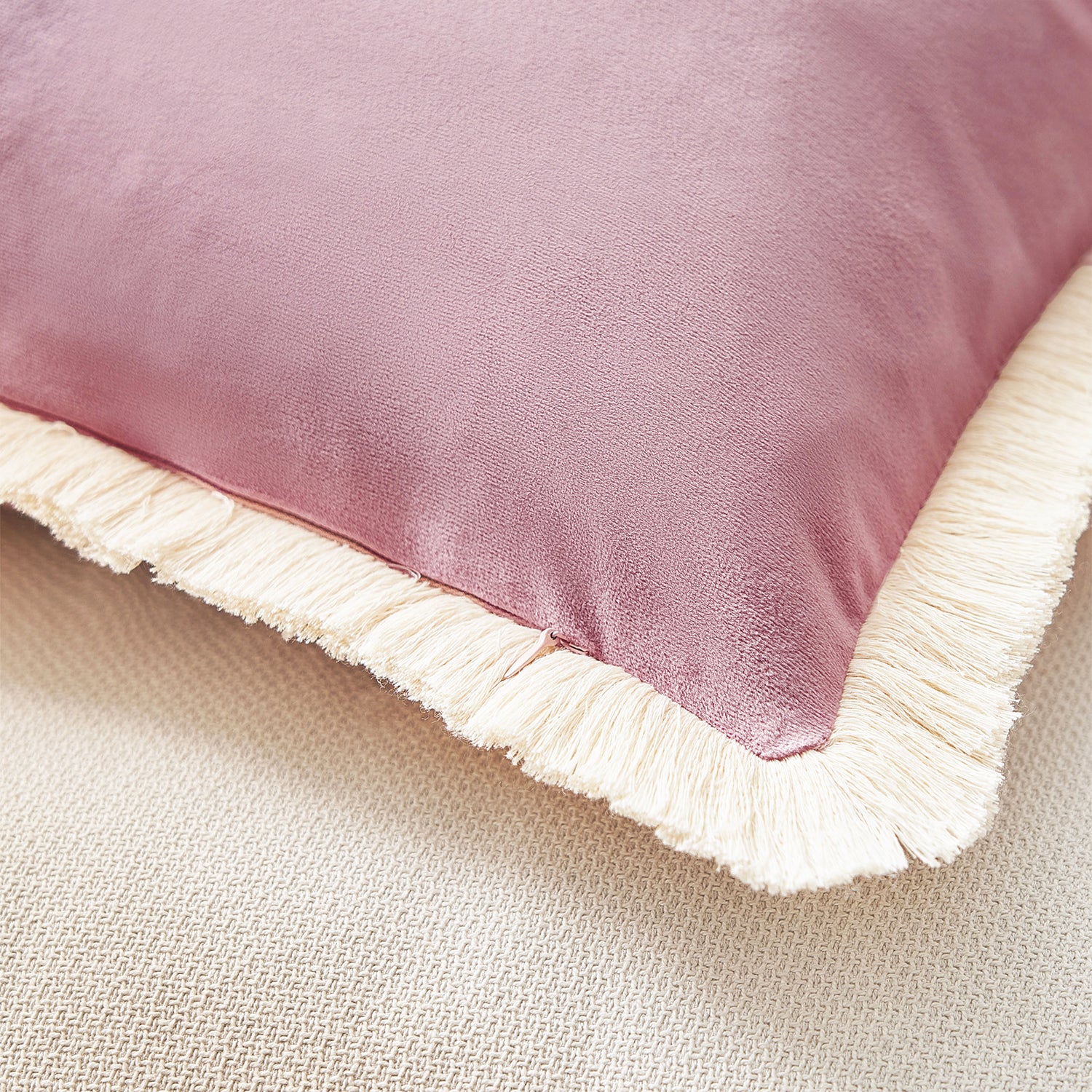velvet decorative throw pillow covers  with fringe border set of 2 dusty pink color