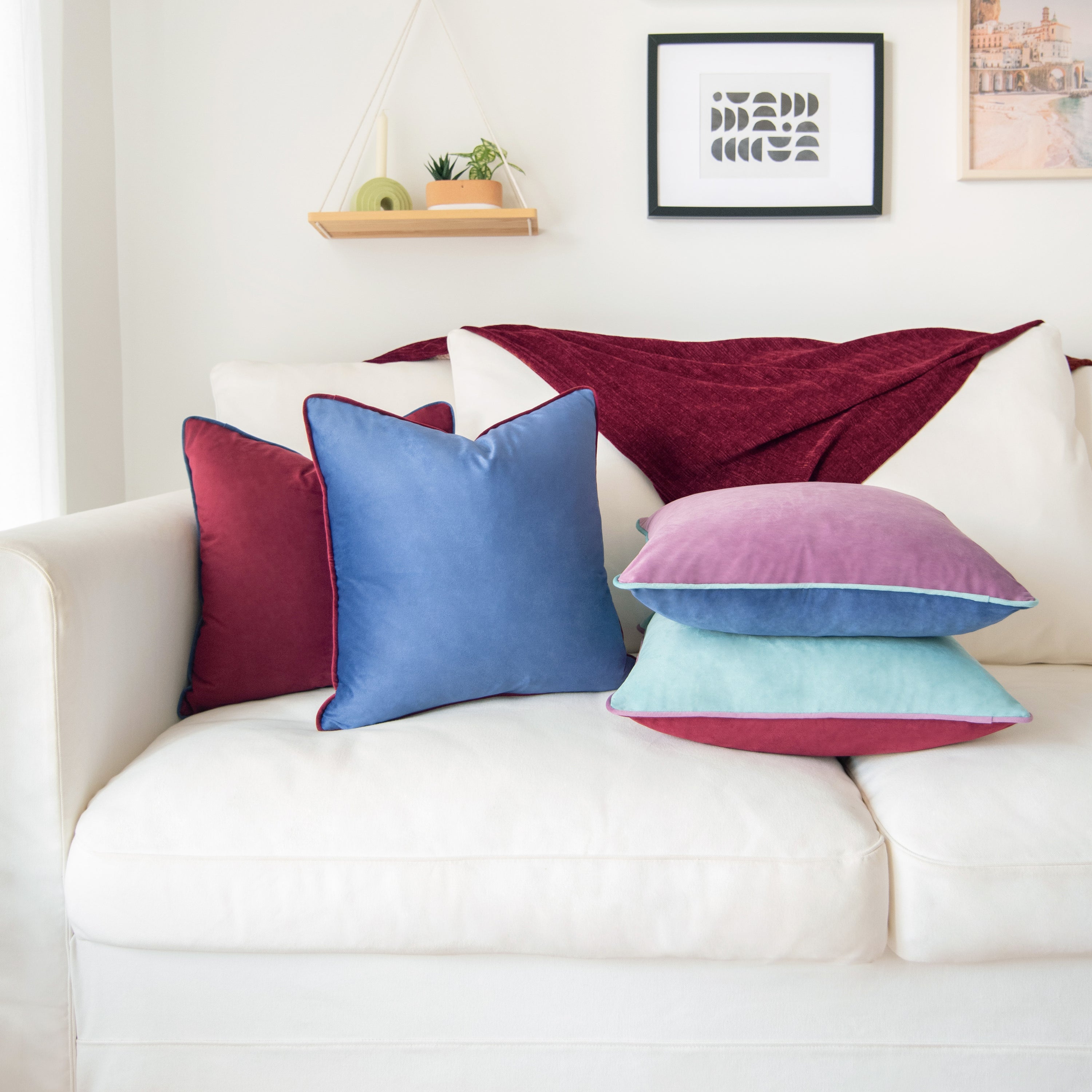 decorative throw pillow covers set of 4 piping velvet purple plum teal blue