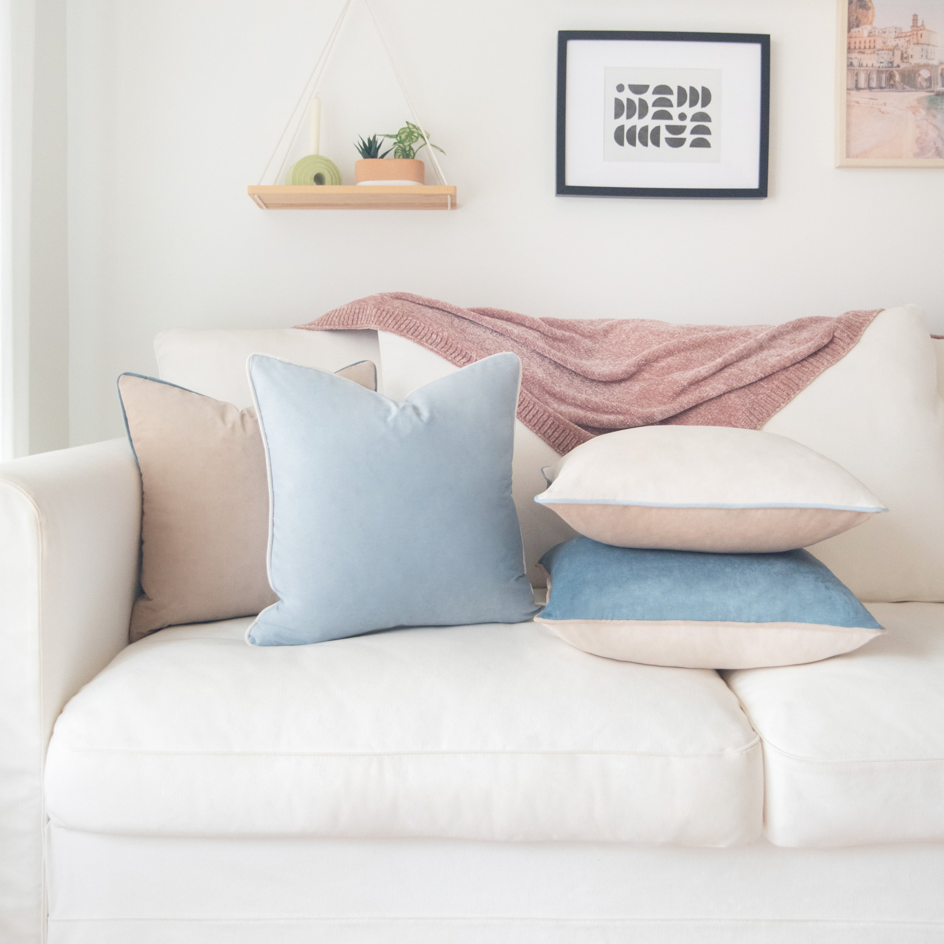 decorative throw pillow covers set of 4 piping velvet beige light blue