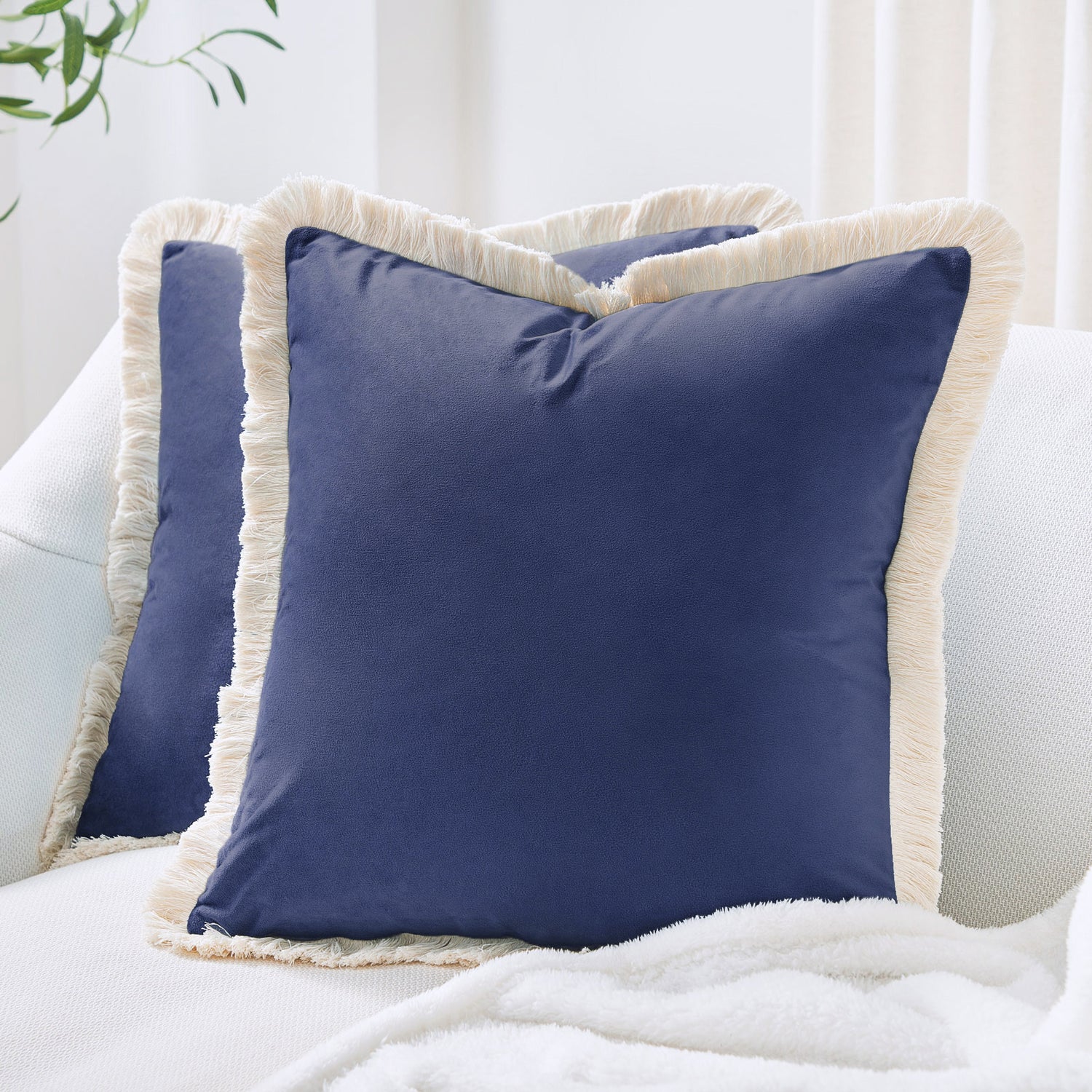 velvet decorative throw pillow covers  with fringe border set of 2 midnight blue color