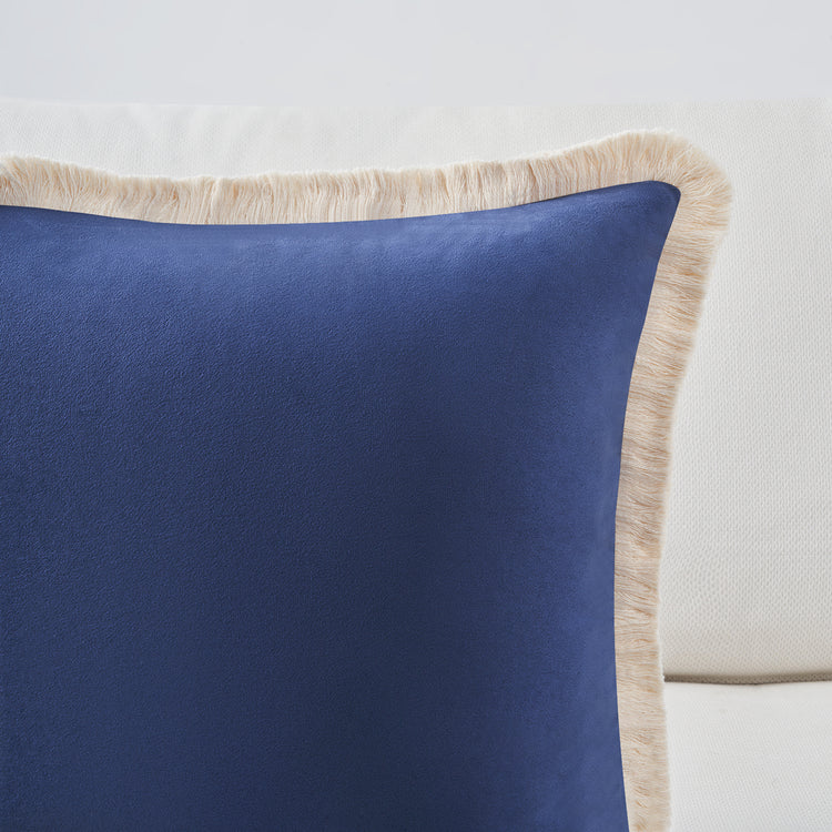 velvet decorative throw pillow covers  with fringe border set of 2 midnight blue color