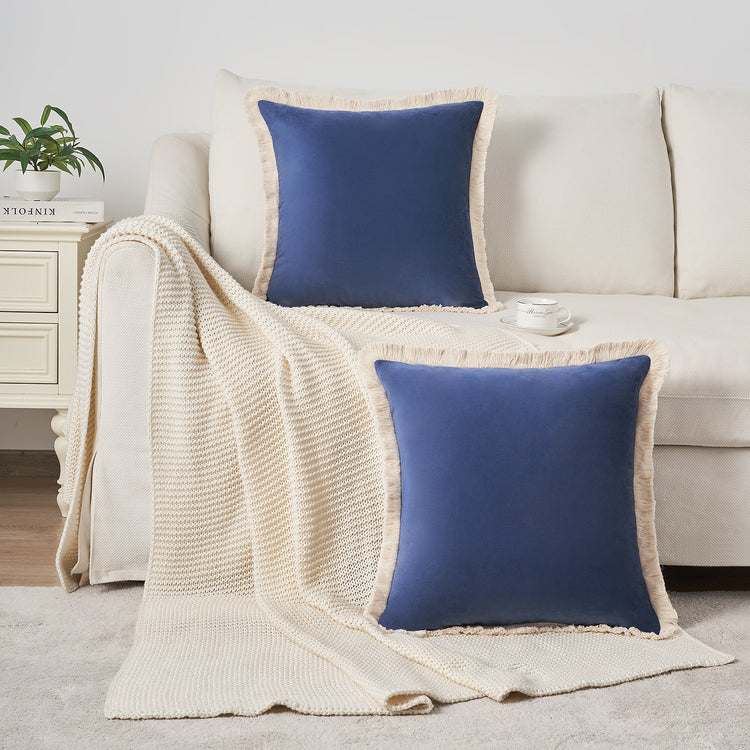 velvet decorative throw pillow covers  with fringe border set of 2 midnight blue color