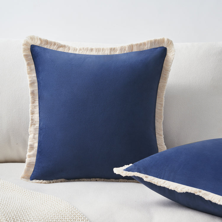 velvet decorative throw pillow covers  with fringe border set of 2 midnight blue color