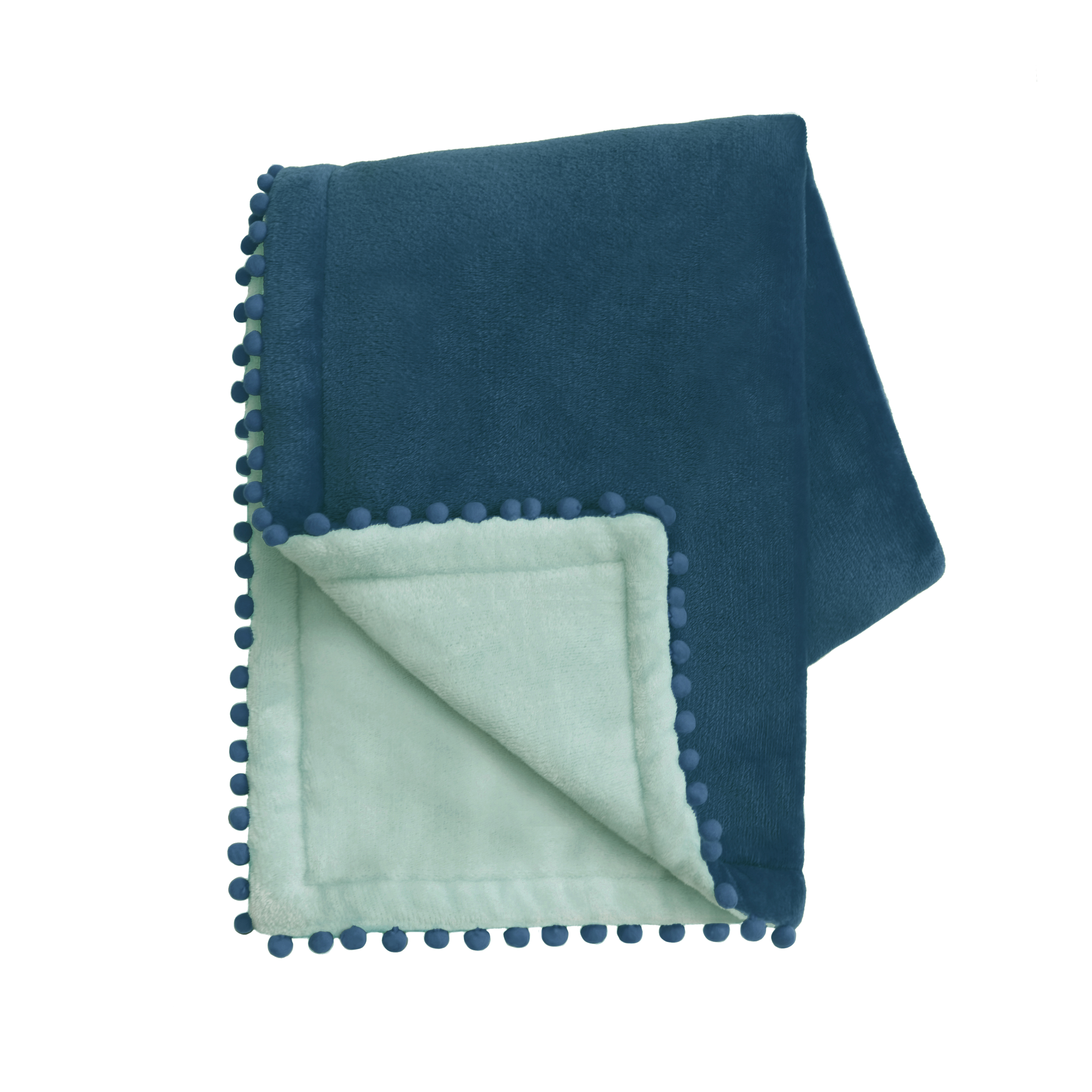 Blue and green blanket with pom-pom trim on a white background