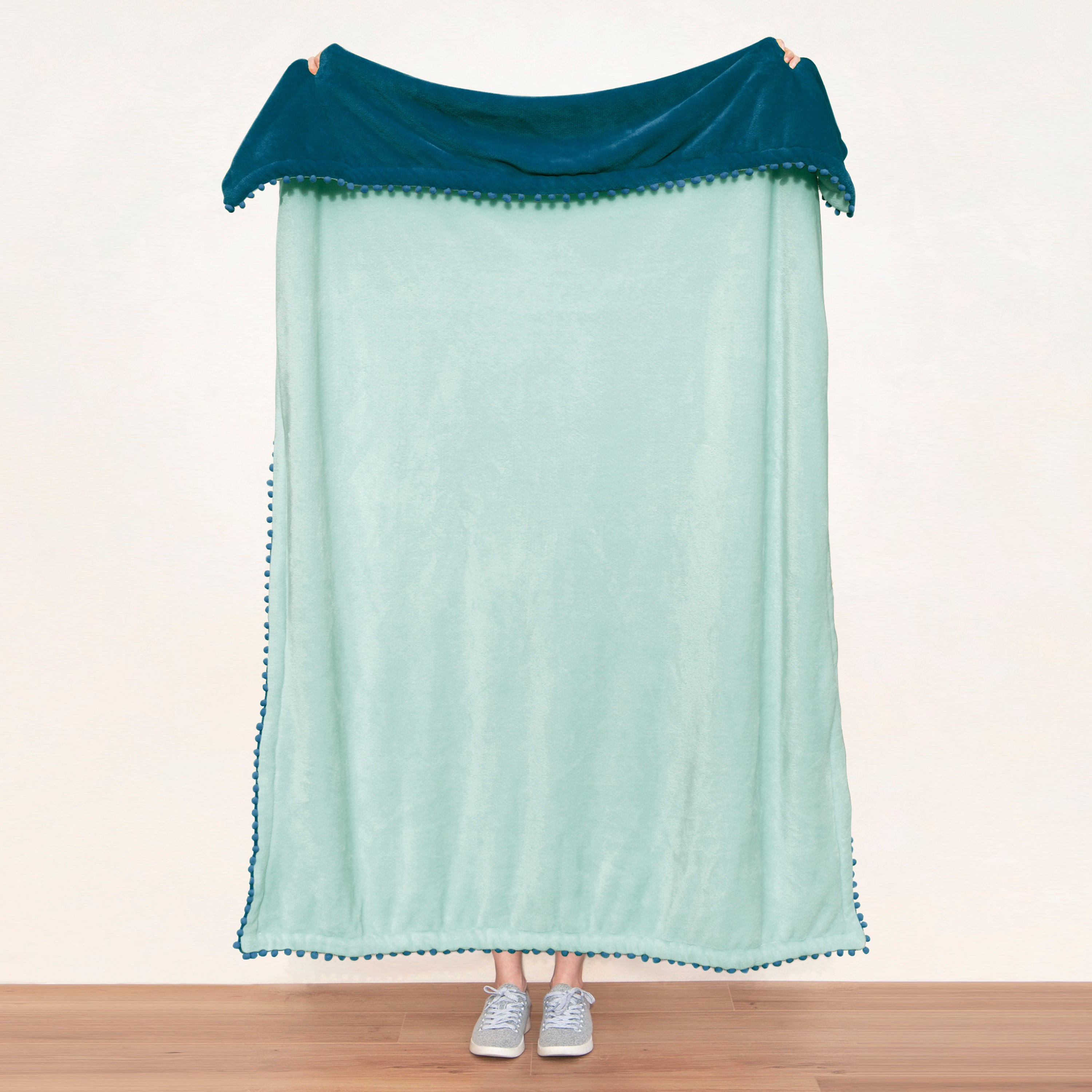 decorative throw blanket pom pom fringe edge reversible design blue light aqua