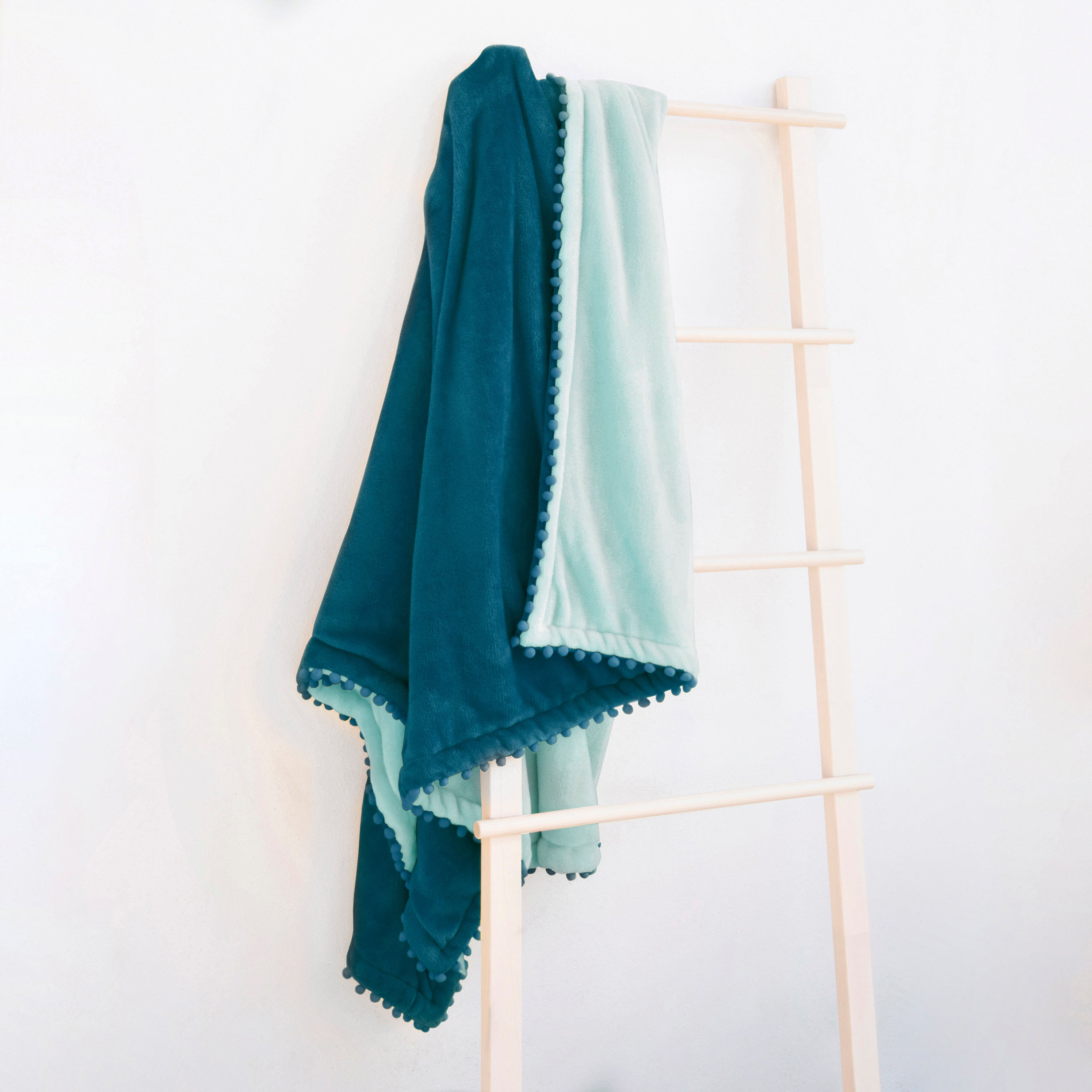 decorative throw blanket pom pom fringe edge reversible design blue light aqua