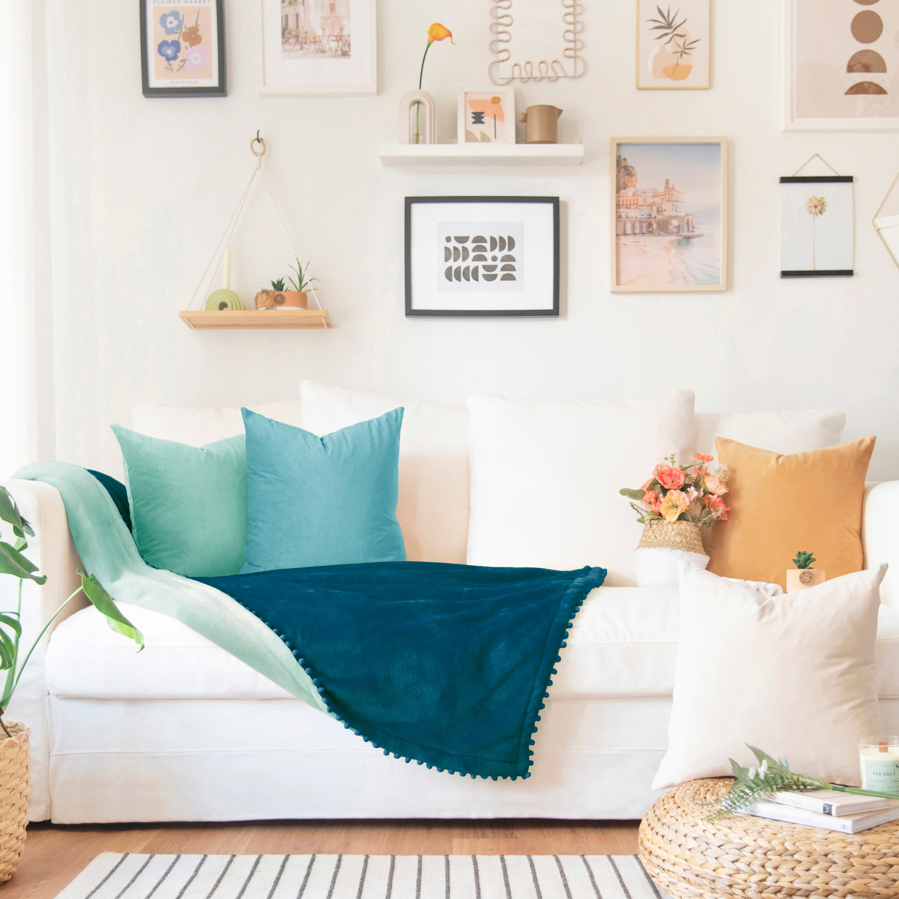 decorative throw blanket pom pom fringe edge reversible design blue light aqua