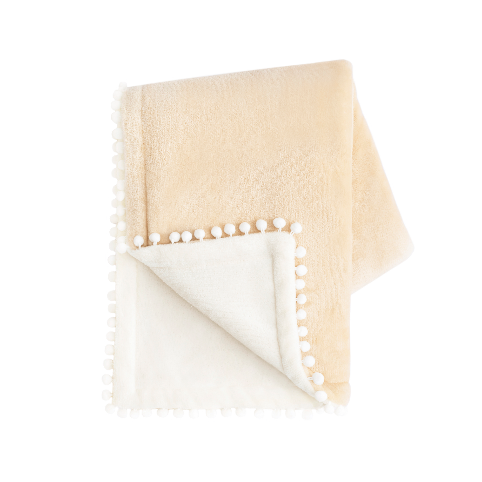 Beige blanket with white pom-pom trim on a white background