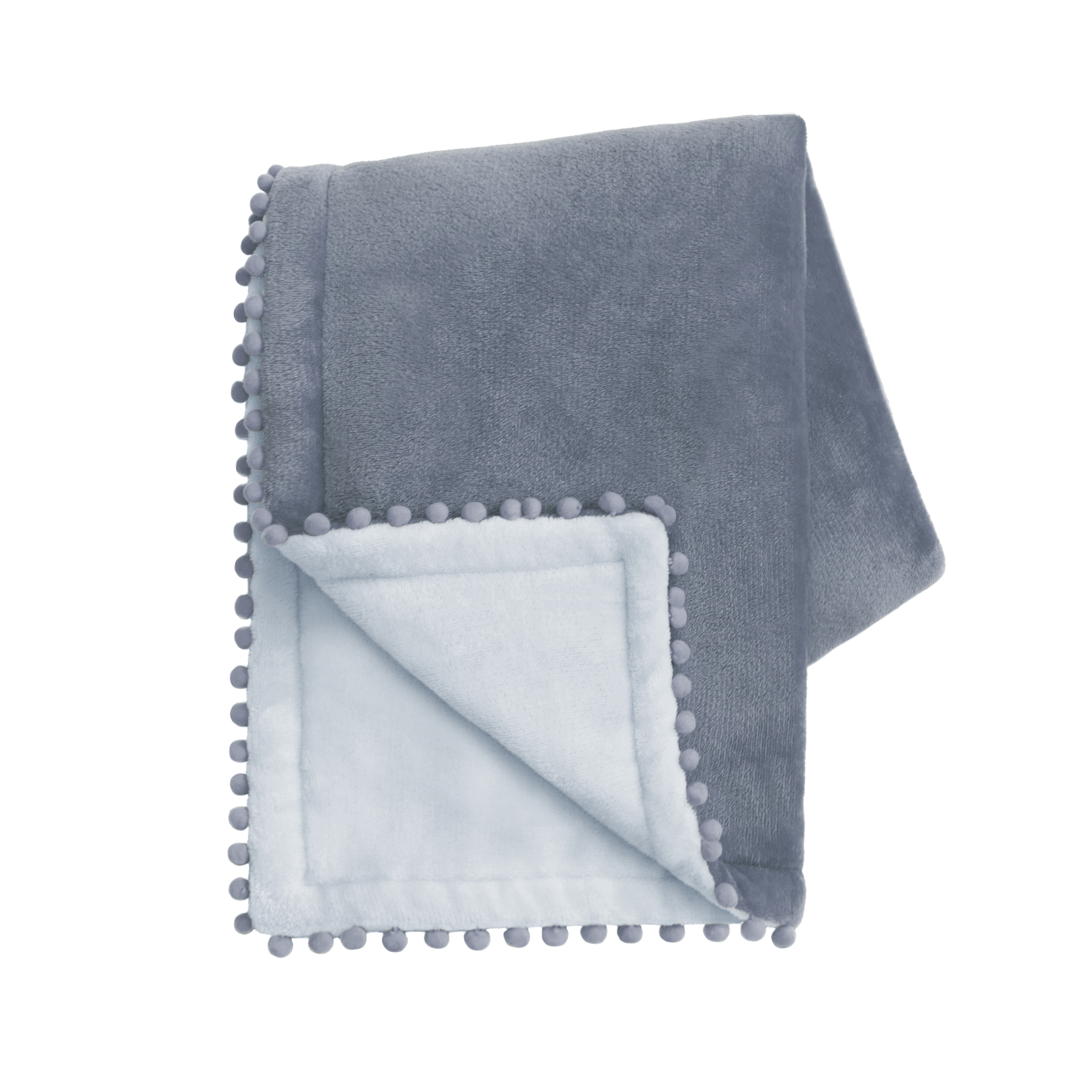 Gray blanket with pom-pom trim on a white background